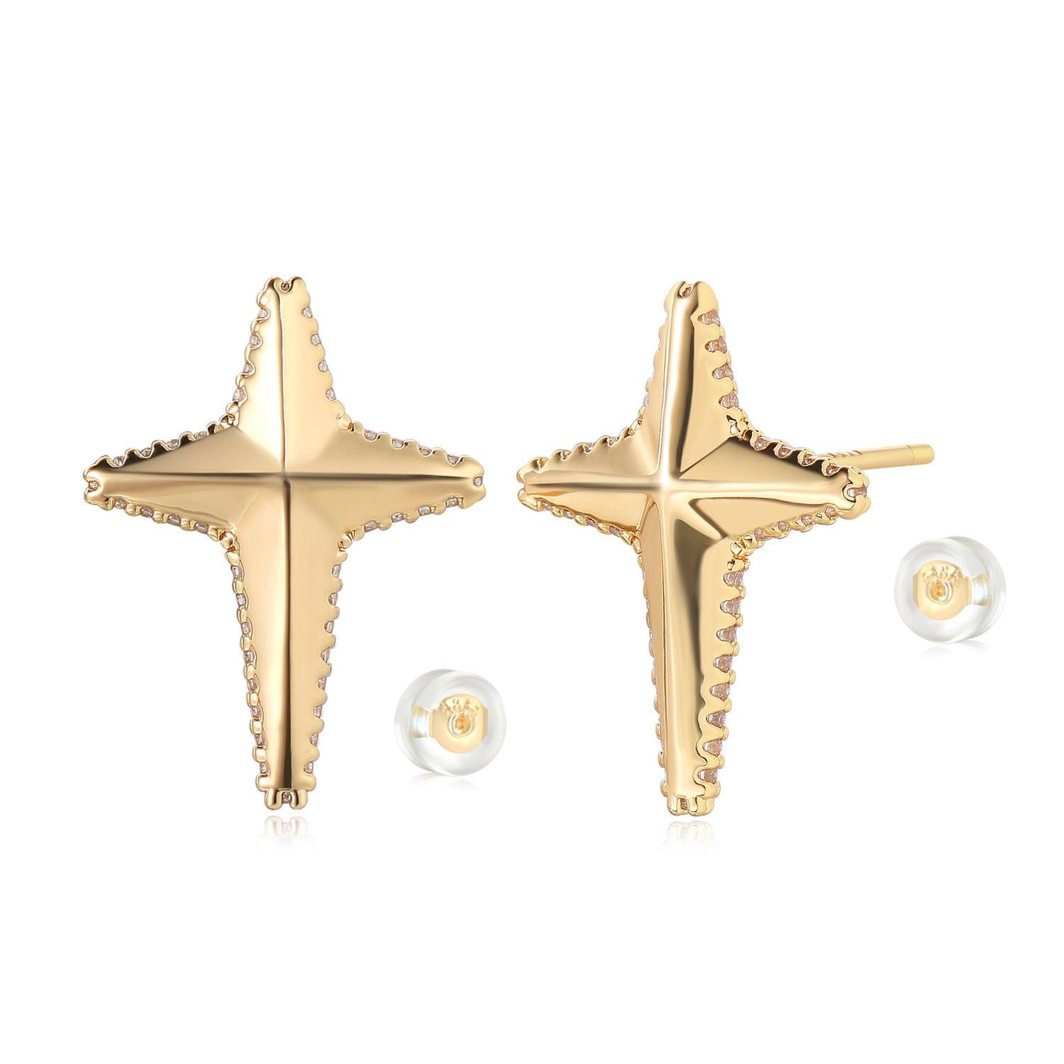 MYEARS® Cross Star Stud Earrings for women, gold finish with delicate design, stylish and versatile for everyday wear or as a thoughtful gift