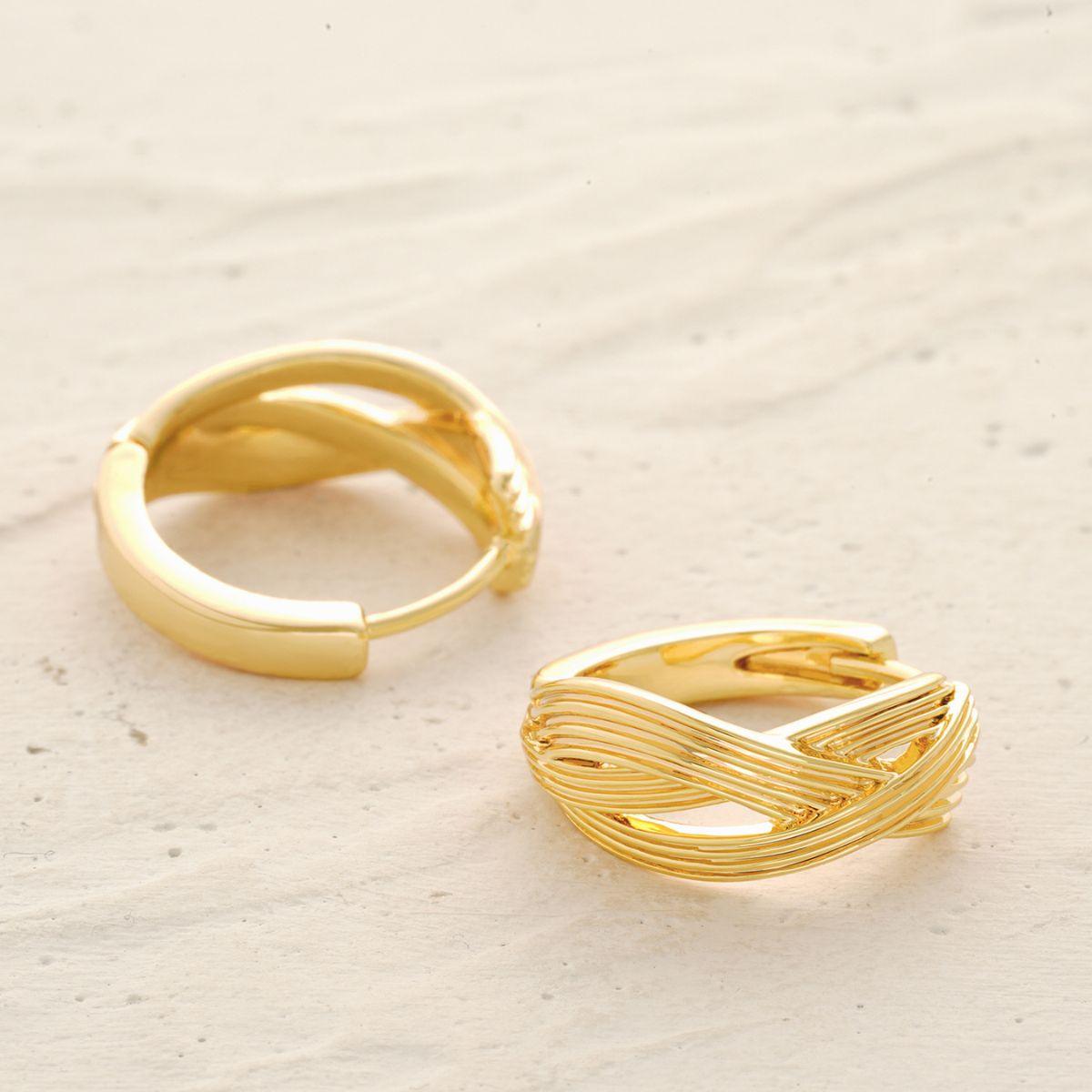 Detailed view of MYEARS® Crossover Line Hoop Earrings showcasing polished gold finish and refined crossover line design
