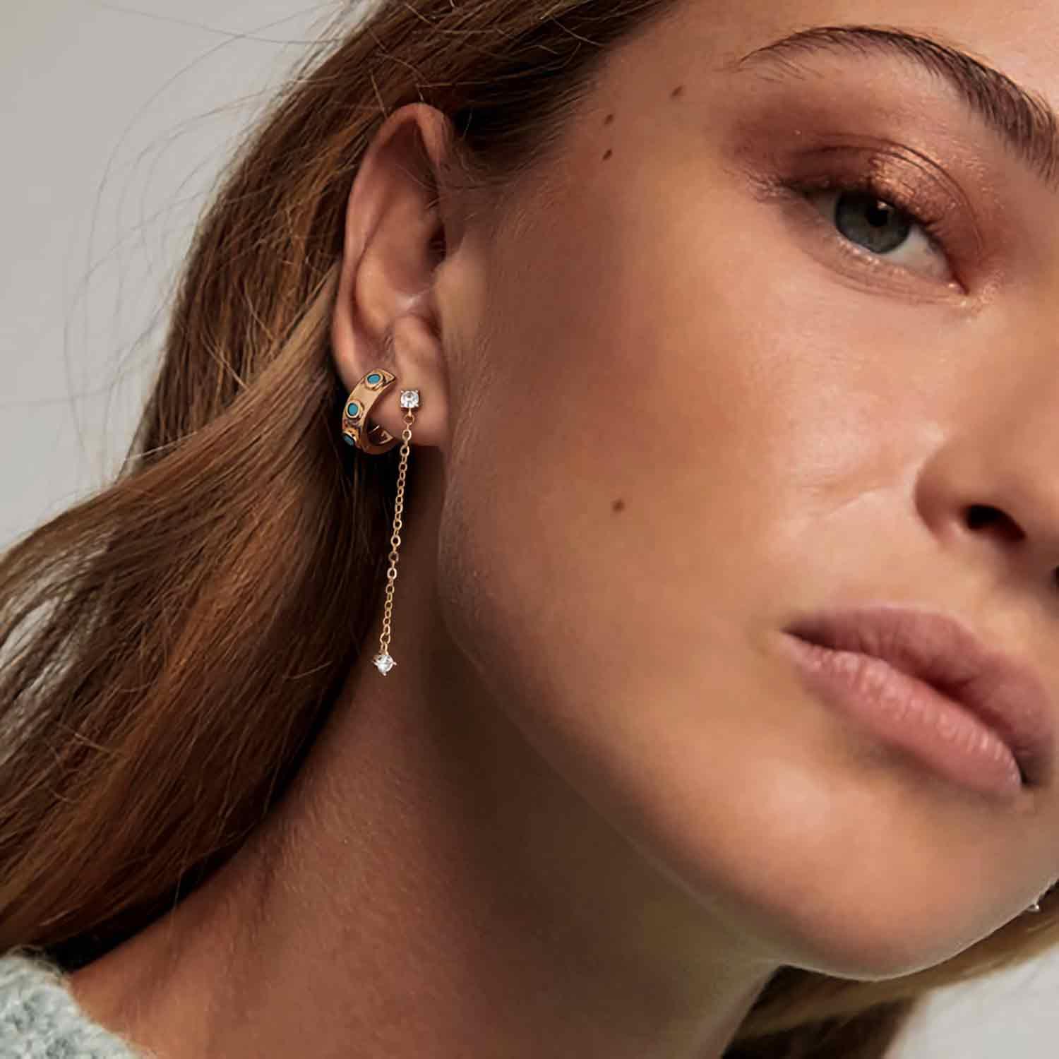 MYEARS Diamond Dangle Chain stud earrings styled on model for everyday wear, ideal gold gift for women