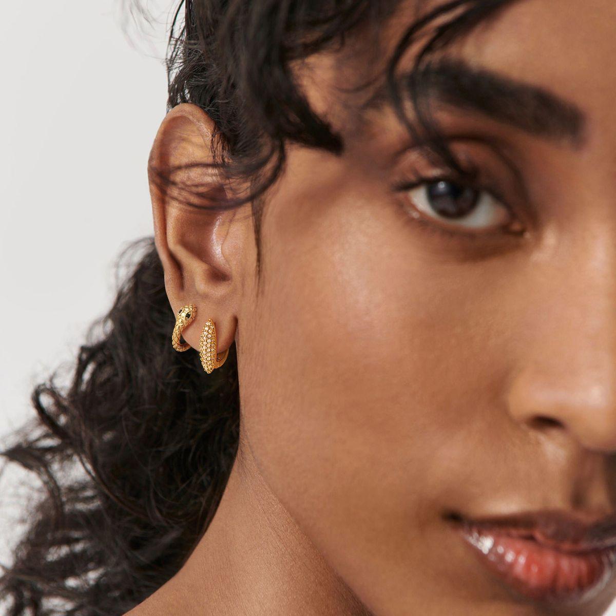 MYEARS® gem snake huggie earrings close-up, gold hoops with gemstones for women
