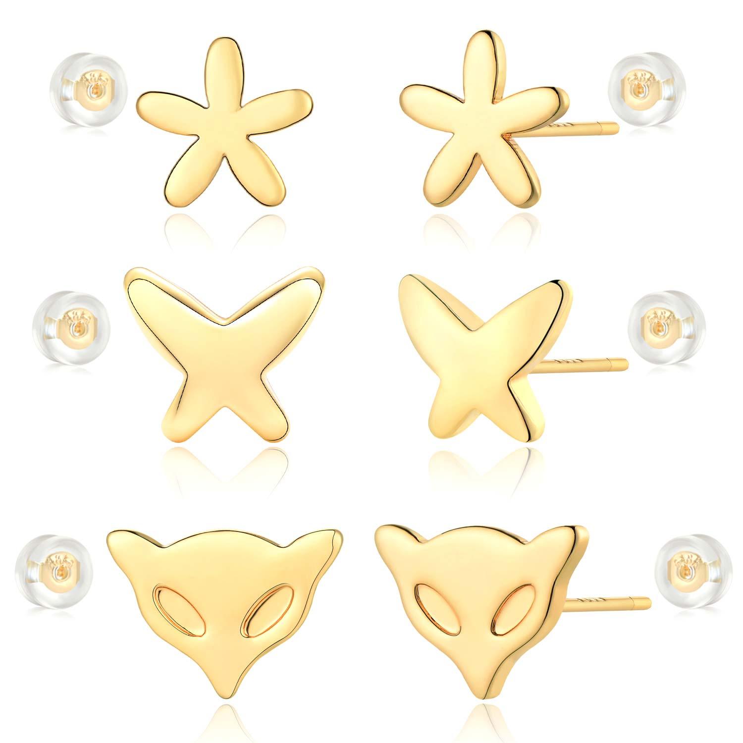MYEARS® gold butterfly, flower & fox stud earrings set for women, cute and elegant jewelry gift, perfect for everyday wear and special occasions.