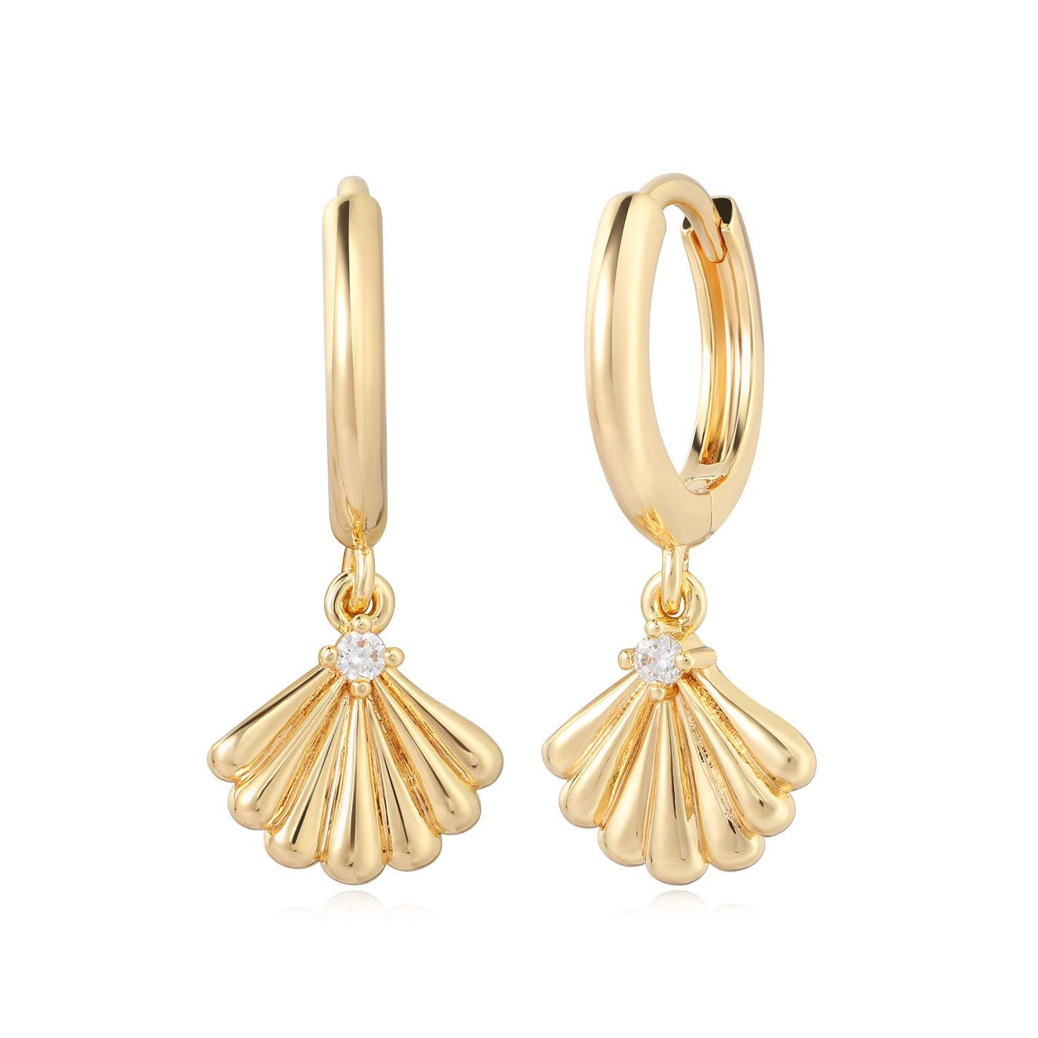 Elegant clam shell dangle earrings in 14k gold plating, a delicate nautical accessory for women