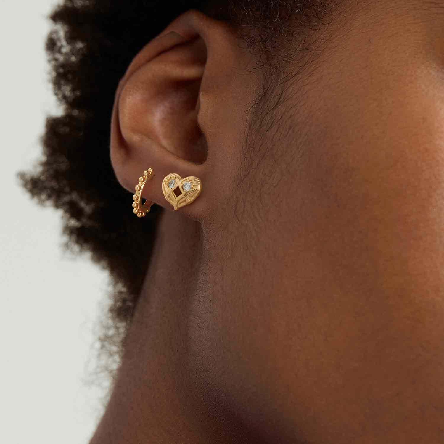 Close-up of MYEARS® Gold Round Beaded Hoop Earrings, stylish earrings for women, detailed gold beaded design