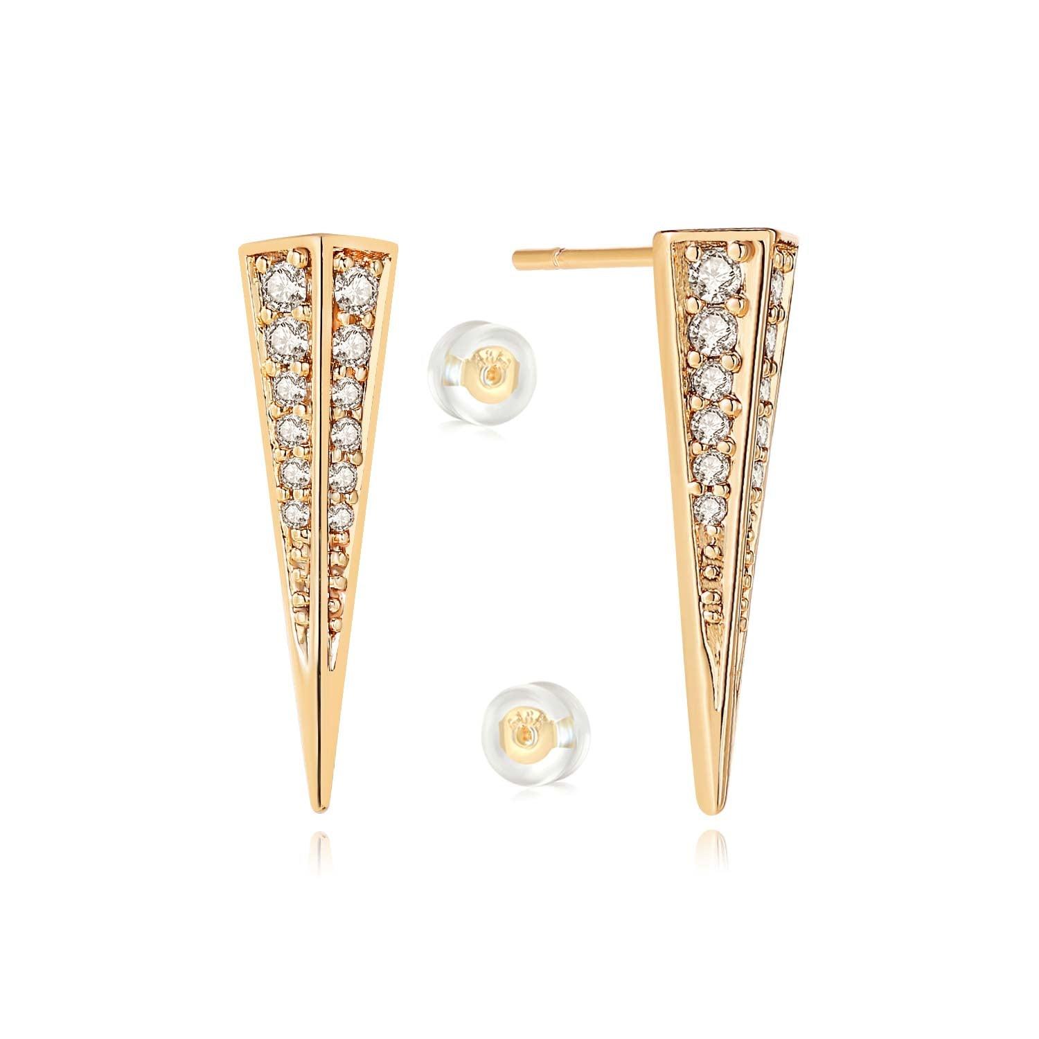 Close-up of model wearing MYEARS Pyramid Drop stud earrings in gold, elegant earrings for women