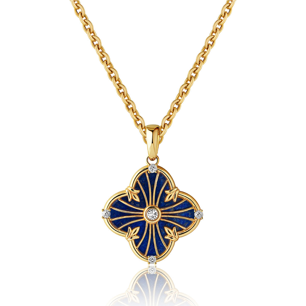 Model wearing MYEARS Lapis Lazuli clover flower gold pendant necklace for women