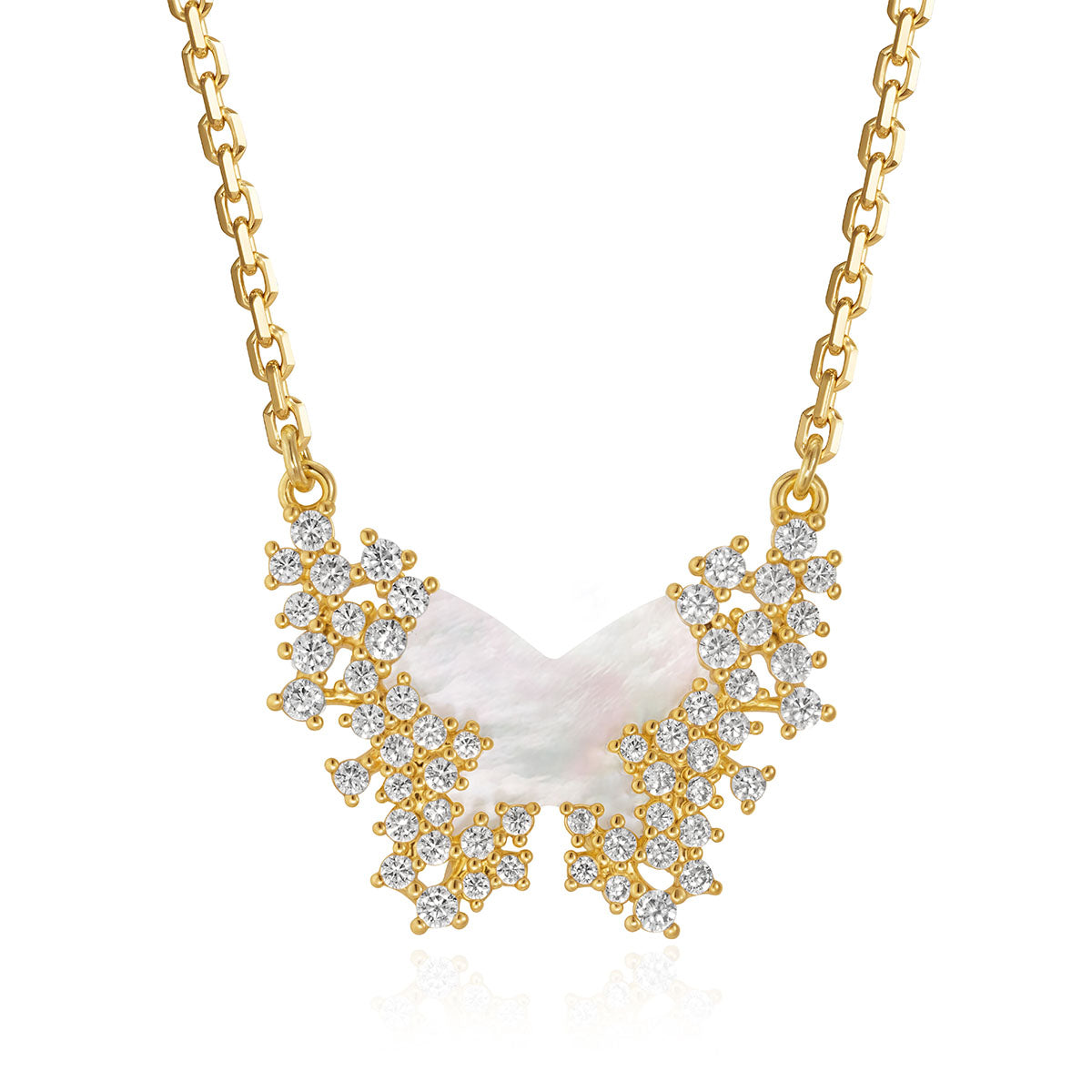 Close-up of a model wearing MYEARS® mother of pearl butterfly pendant necklace, gold-plated chain with gemstone butterfly charm for women, highlighting intricate design and elegance.