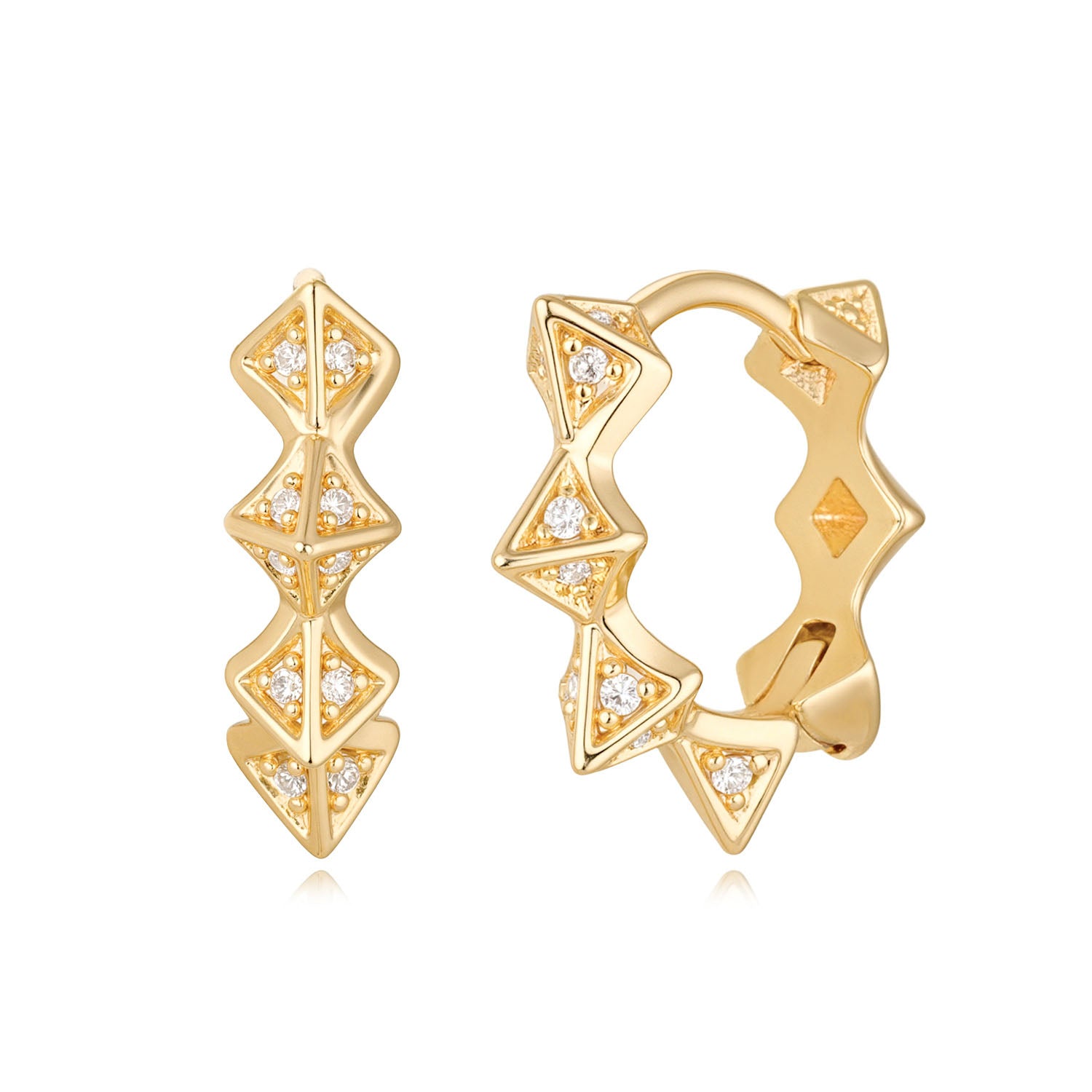 MYEARS® Pyramid Huggie Hoop Earrings in gold for women on white background, modern geometric design for everyday wear or gift