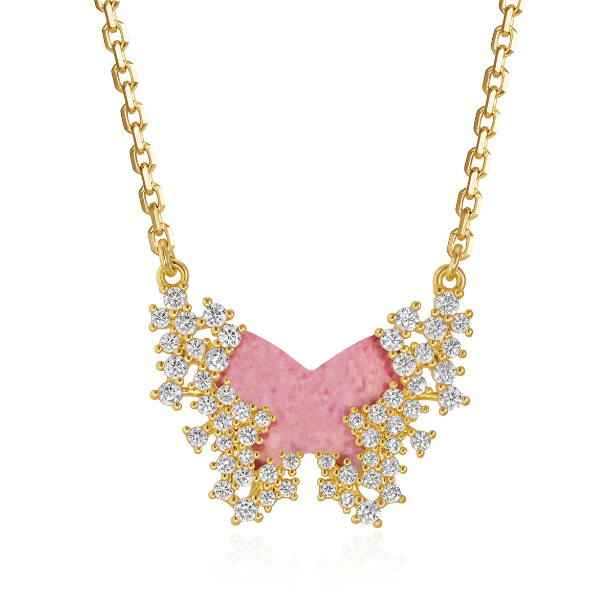 Close-up of a model wearing MYEARS® rose quartz butterfly pendant necklace, gold-plated chain with gemstone butterfly charm for women, highlighting intricate design and elegance.