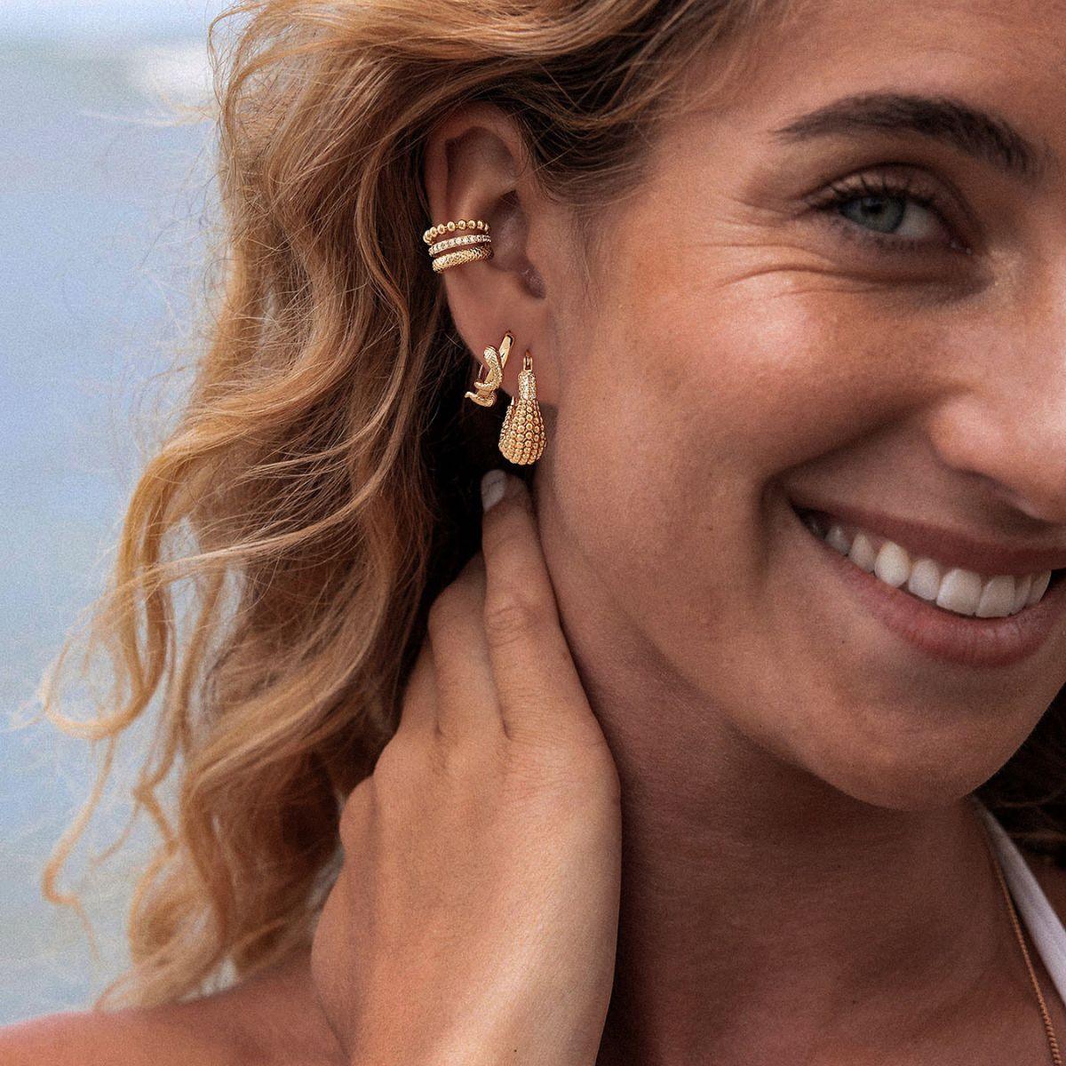 MYEARS® snake wrap huggie hoop earrings close-up, stylish gold hoops for women