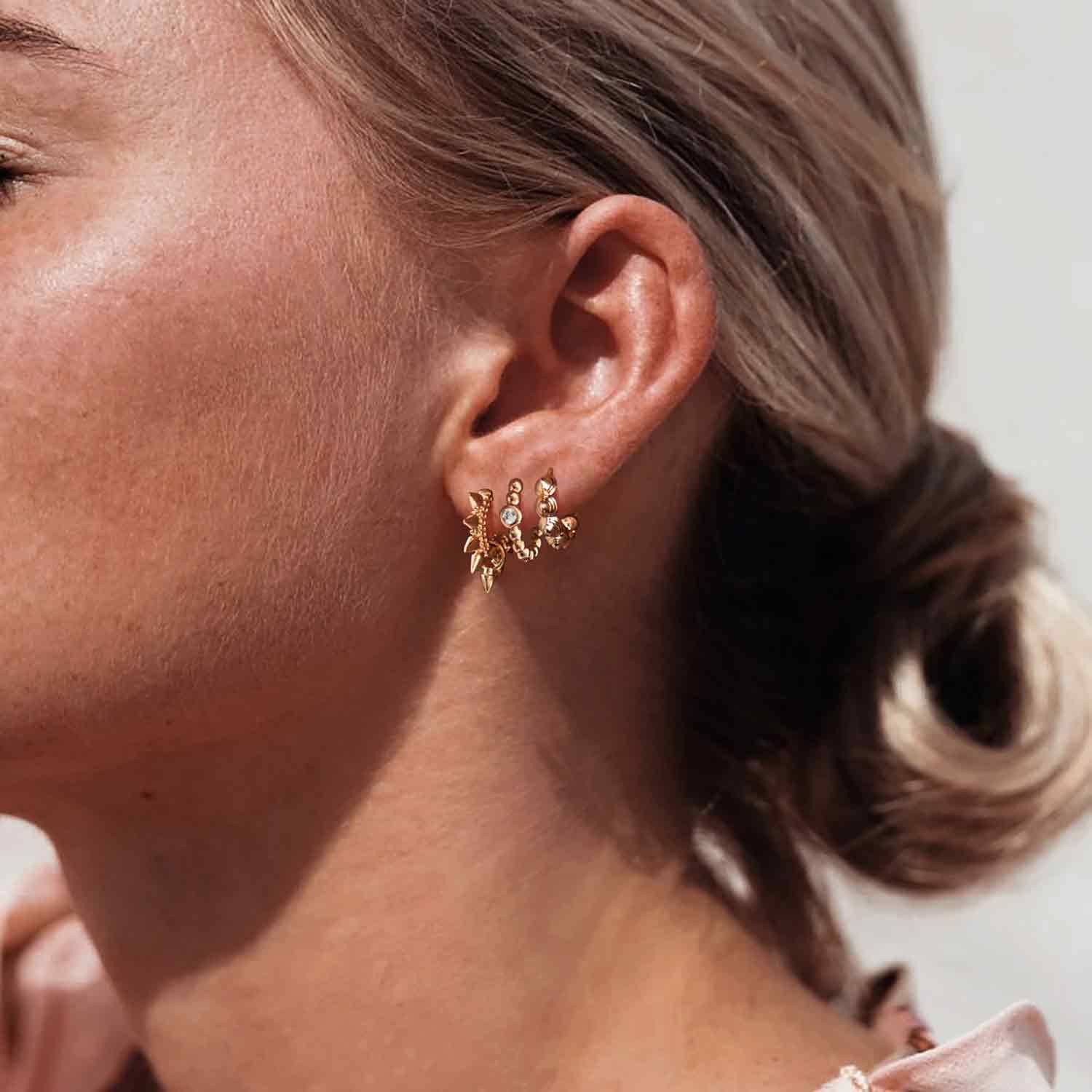 Close-up of MYEARS® Spiral Cone Huggie Hoop Earrings in gold, elegant jewelry accessory for women