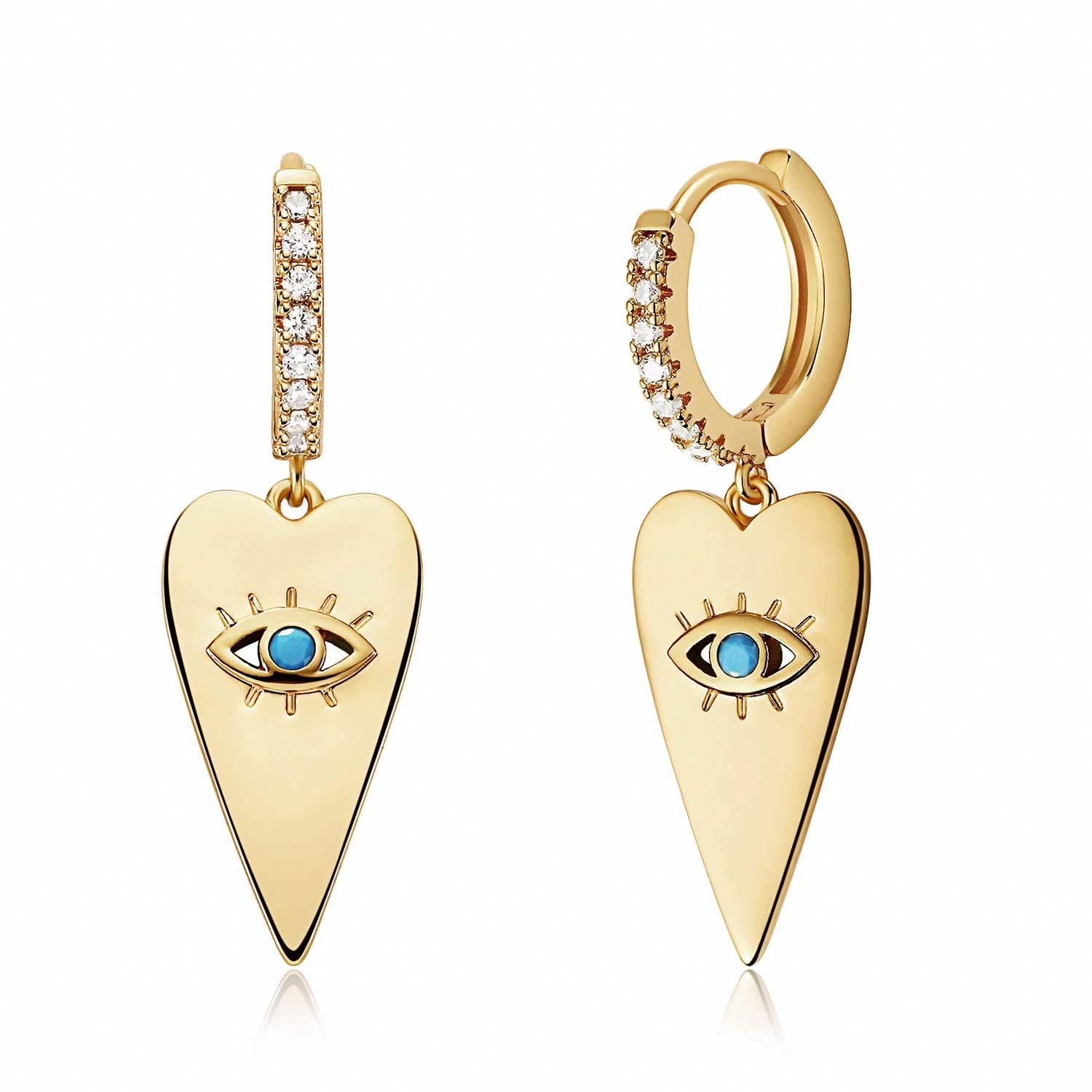 Turquoise evil eye heart drop earrings in gold, delicate drop earrings for women, gift jewelry