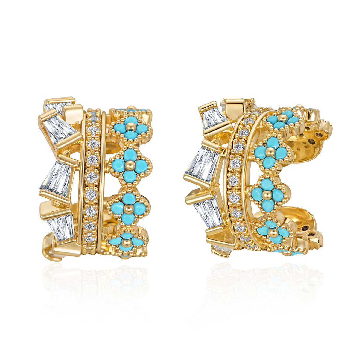 MYEARS® turquoise floral ear cuffs in gold for women, flower-inspired ear cuff with turquoise accents for everyday wear or gifting