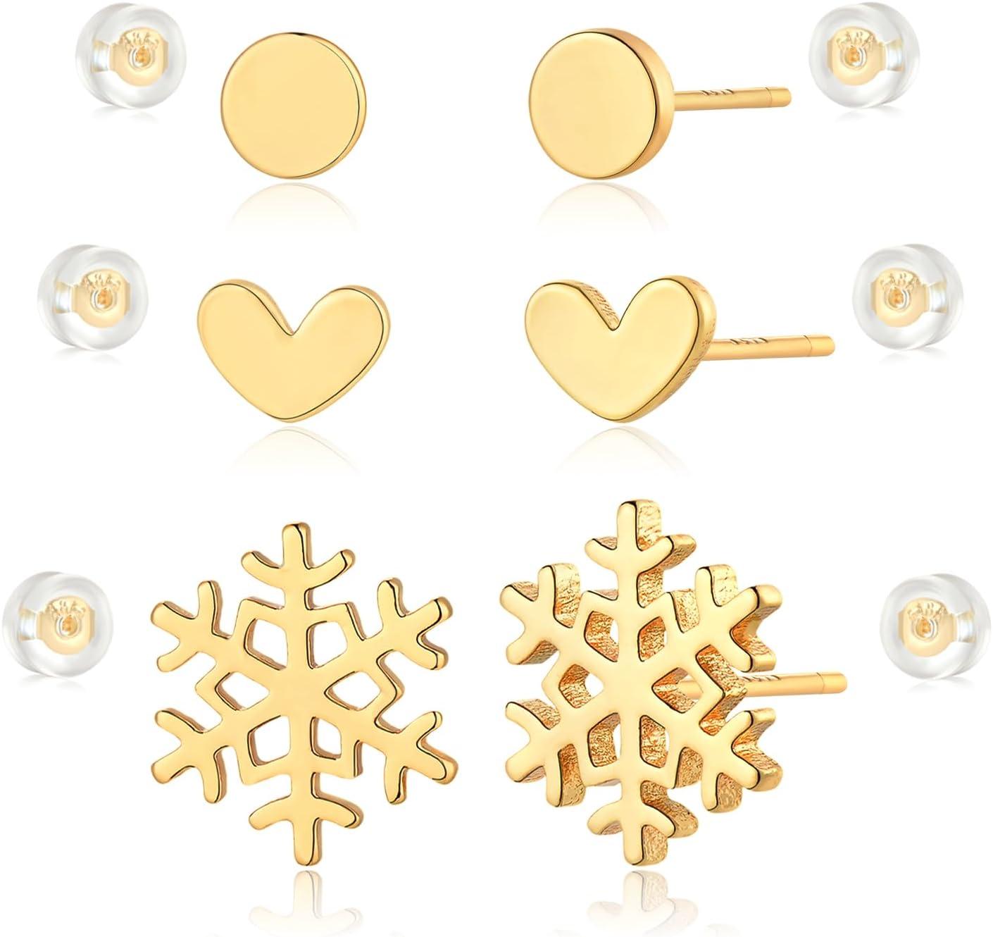 MYEARS Dot, Heart & Snowflake Stud Earrings Set in gold for women, elegant stud earrings set ideal as a gift for everyday wear