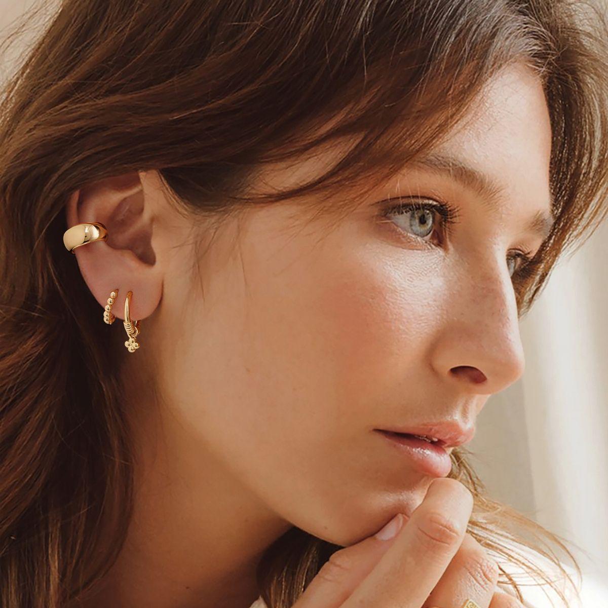 Model wearing MYEARS® Dome Polished Ear Cuffs, highlighting smooth gold dome design, suitable for everyday wear and gifting occasions for women