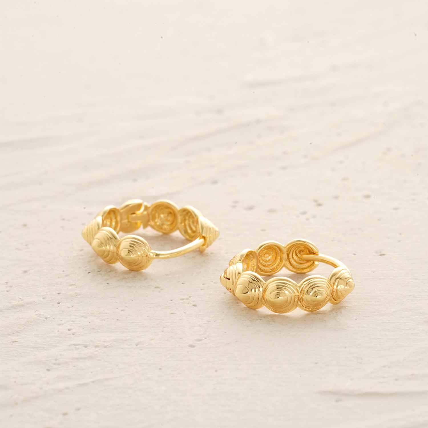 Close-up of Spiral Cone Huggie Hoop Earrings showing gold finish and spiral cone design details