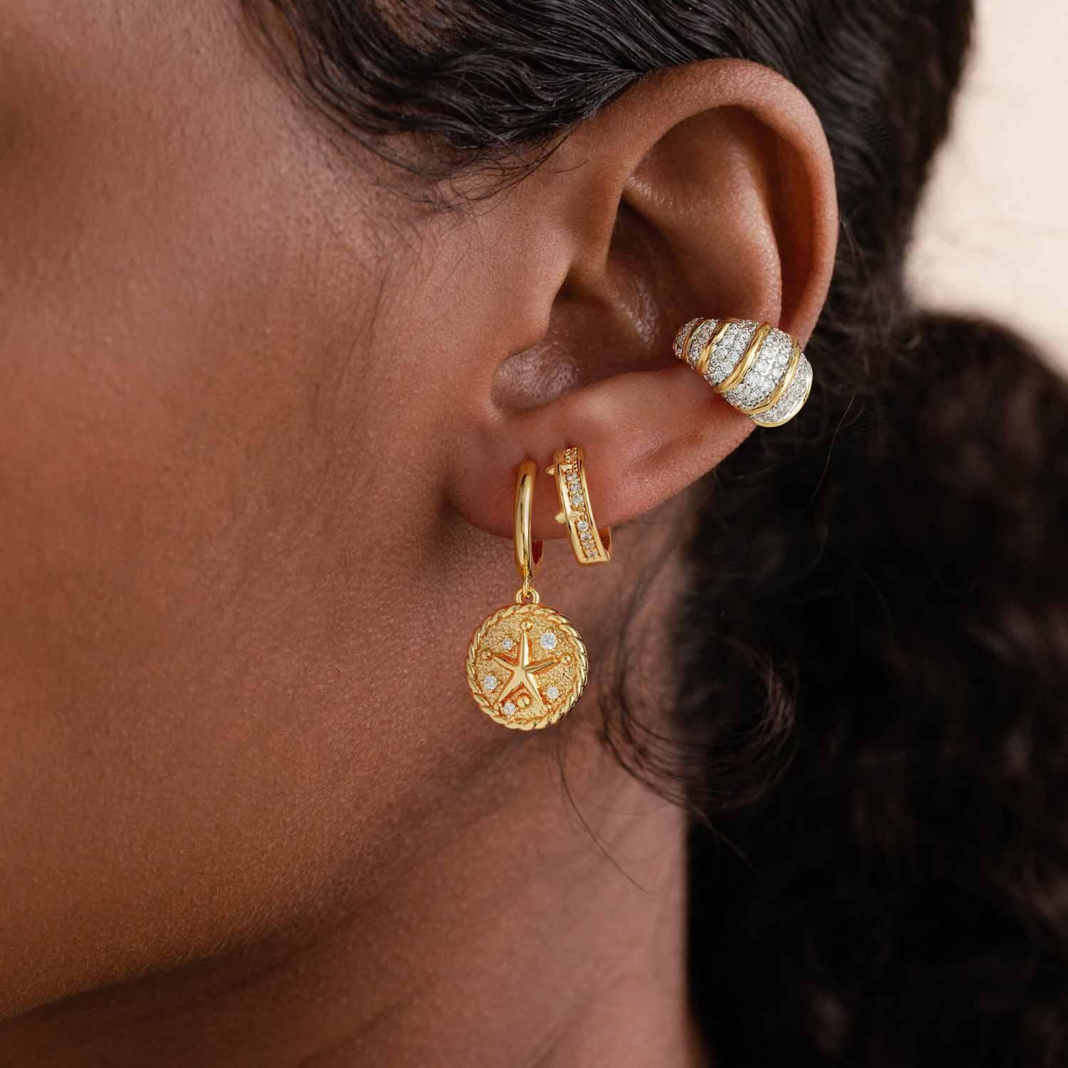 MYEARS® Starfish Dangle Hoop Earrings worn by model, everyday gold hoops for women