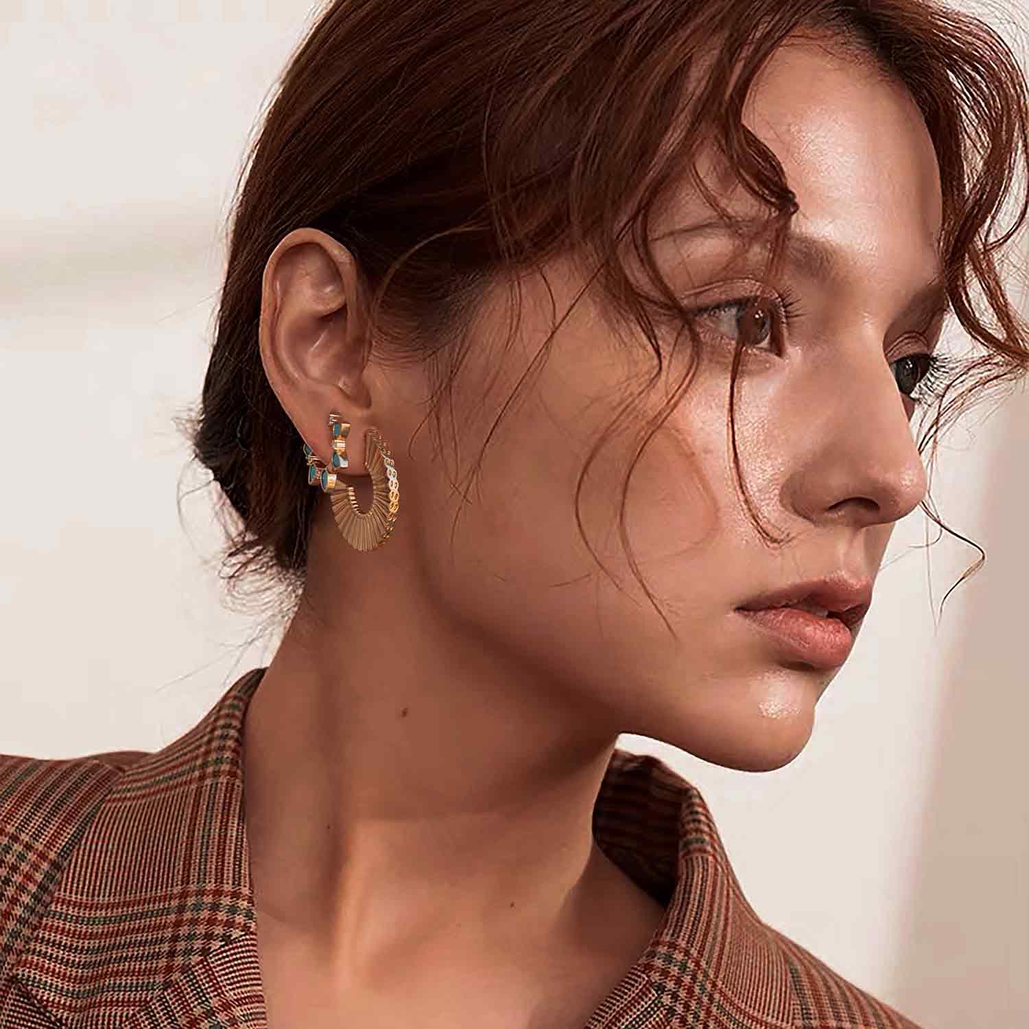 MYEARS® turquoise waterdrop hoop earrings worn by model, everyday wear gold hoops