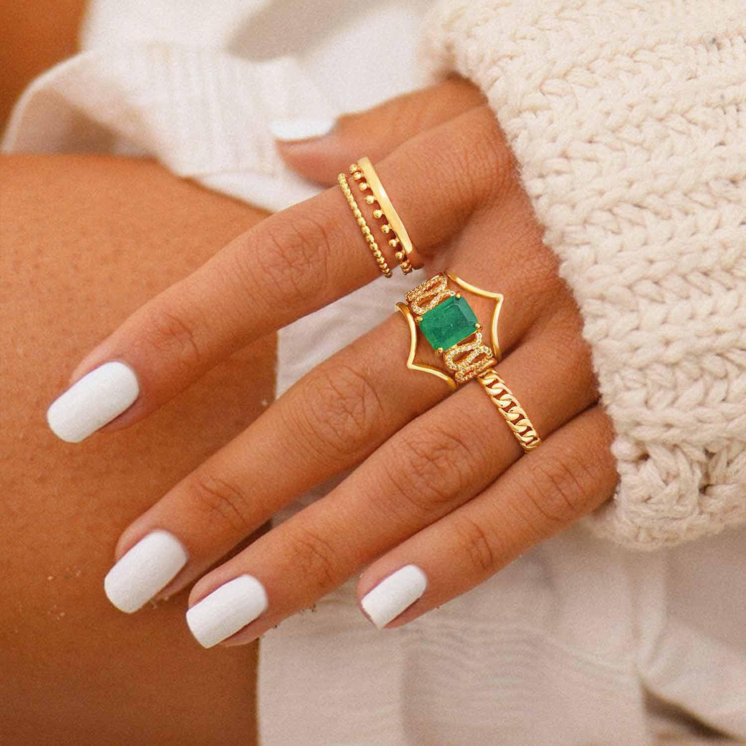 Emerald Cut Simulated Emerald/Paraiba Solitaire Cocktail Hollow 9MM Pave Ring