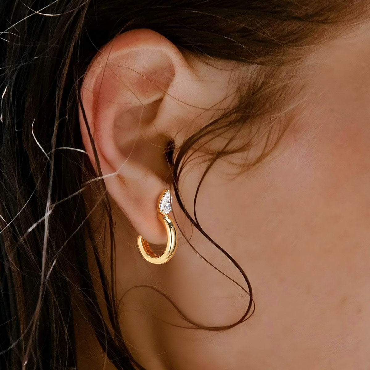 Gold C Shape Teardrop Stud Earrings