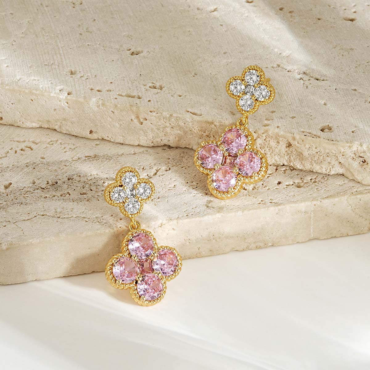 Gold Double Floral Birthstone Dangle Studs