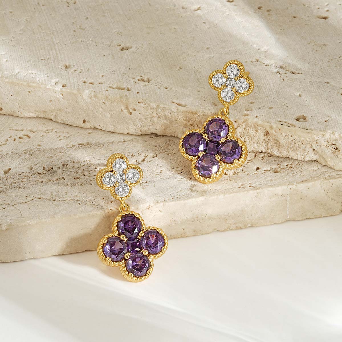 Gold Double Floral Birthstone Dangle Studs