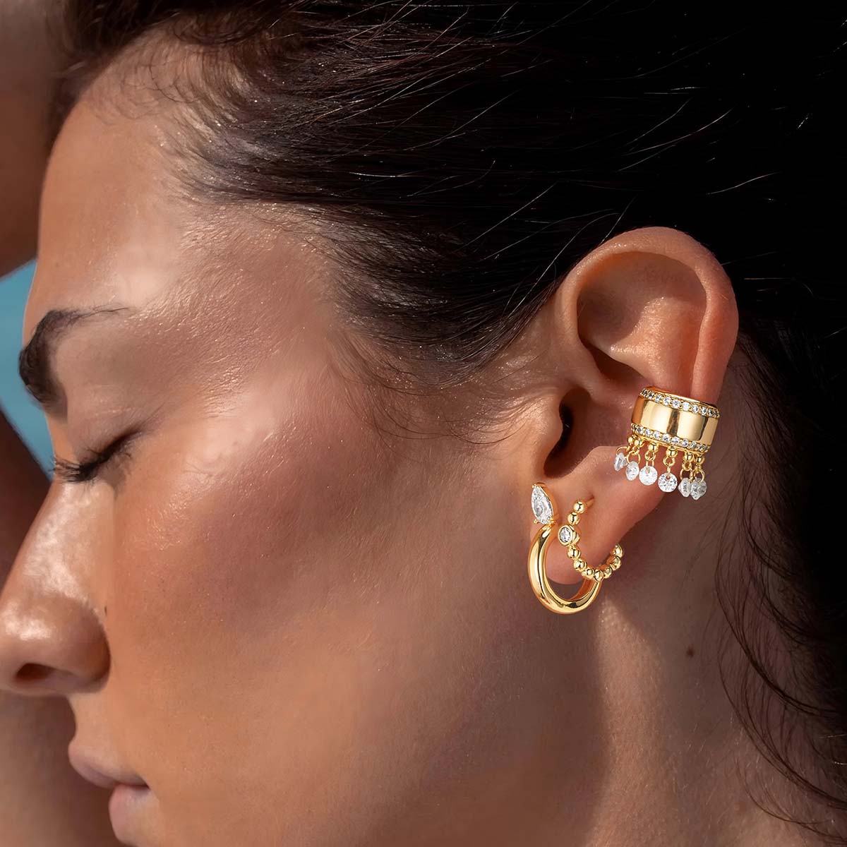 Gold C Shape Teardrop Stud Earrings