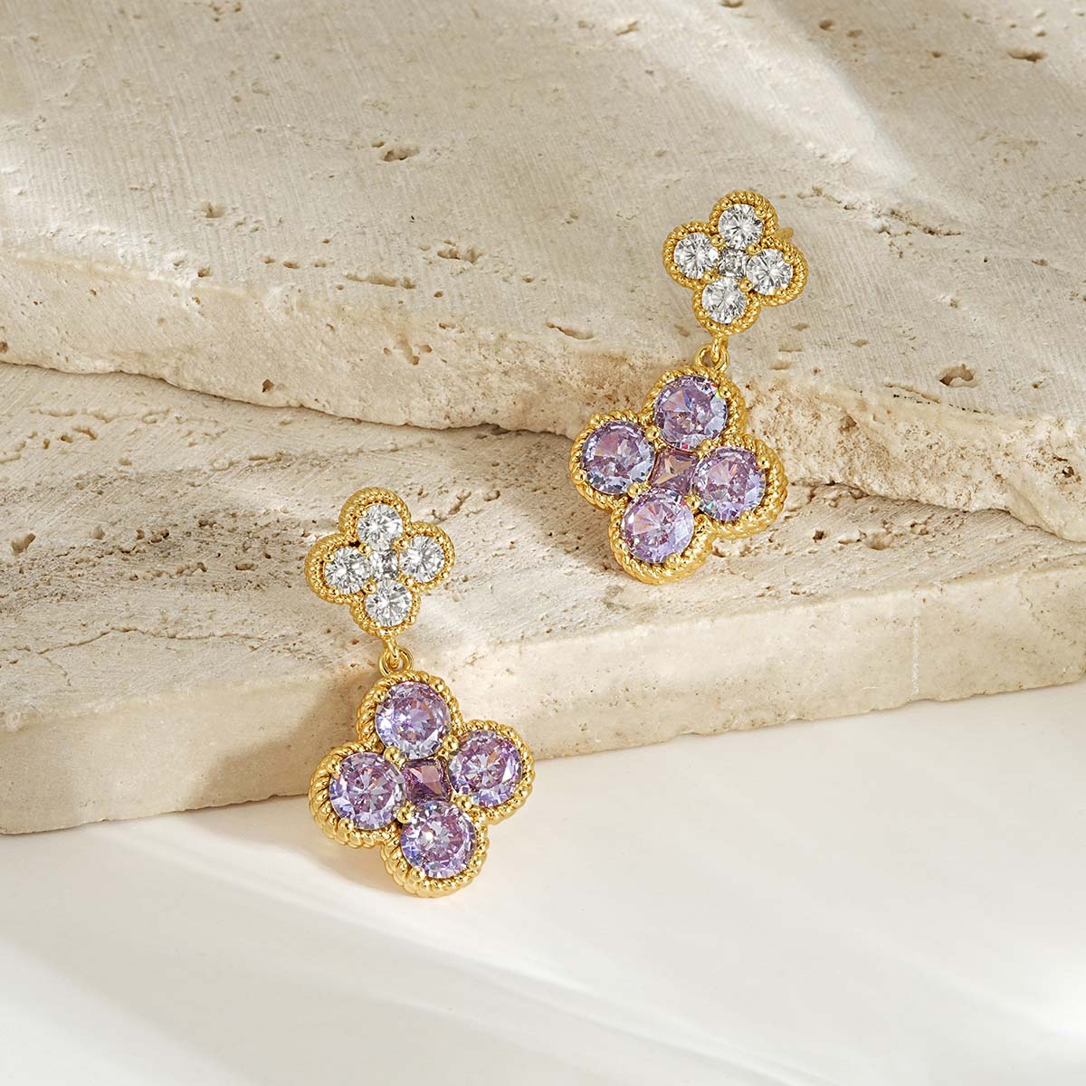 Gold Double Floral Birthstone Dangle Studs