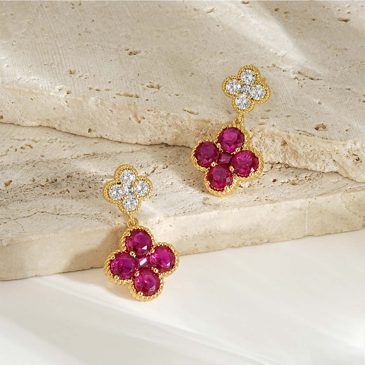 Gold Double Floral Birthstone Dangle Studs