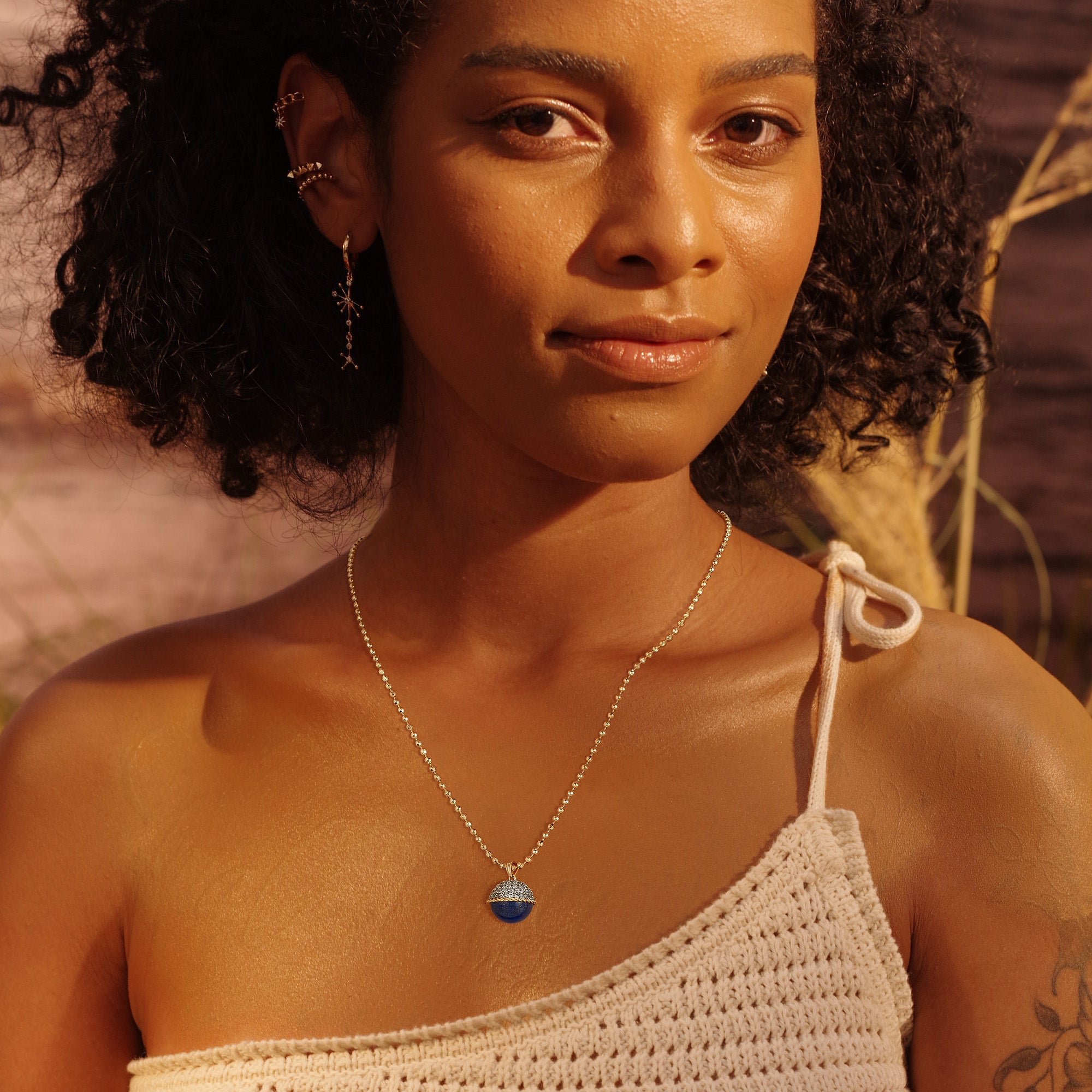 Gold Satellite Chain Natural Stone Pendant Necklace