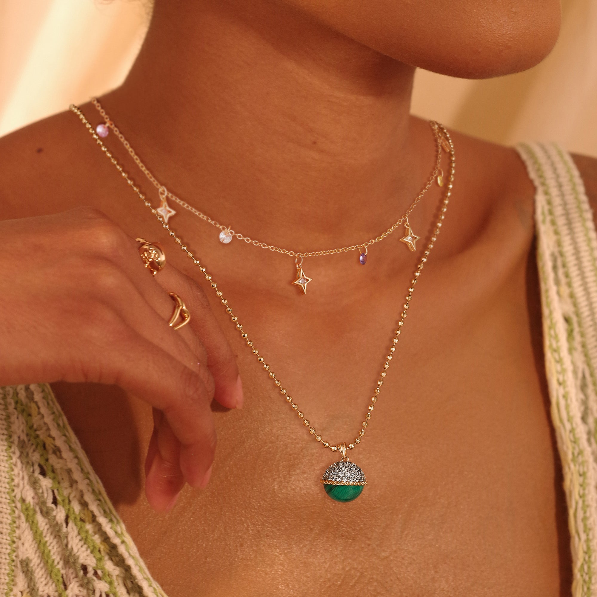 Gold Satellite Chain Natural Stone Pendant Necklace