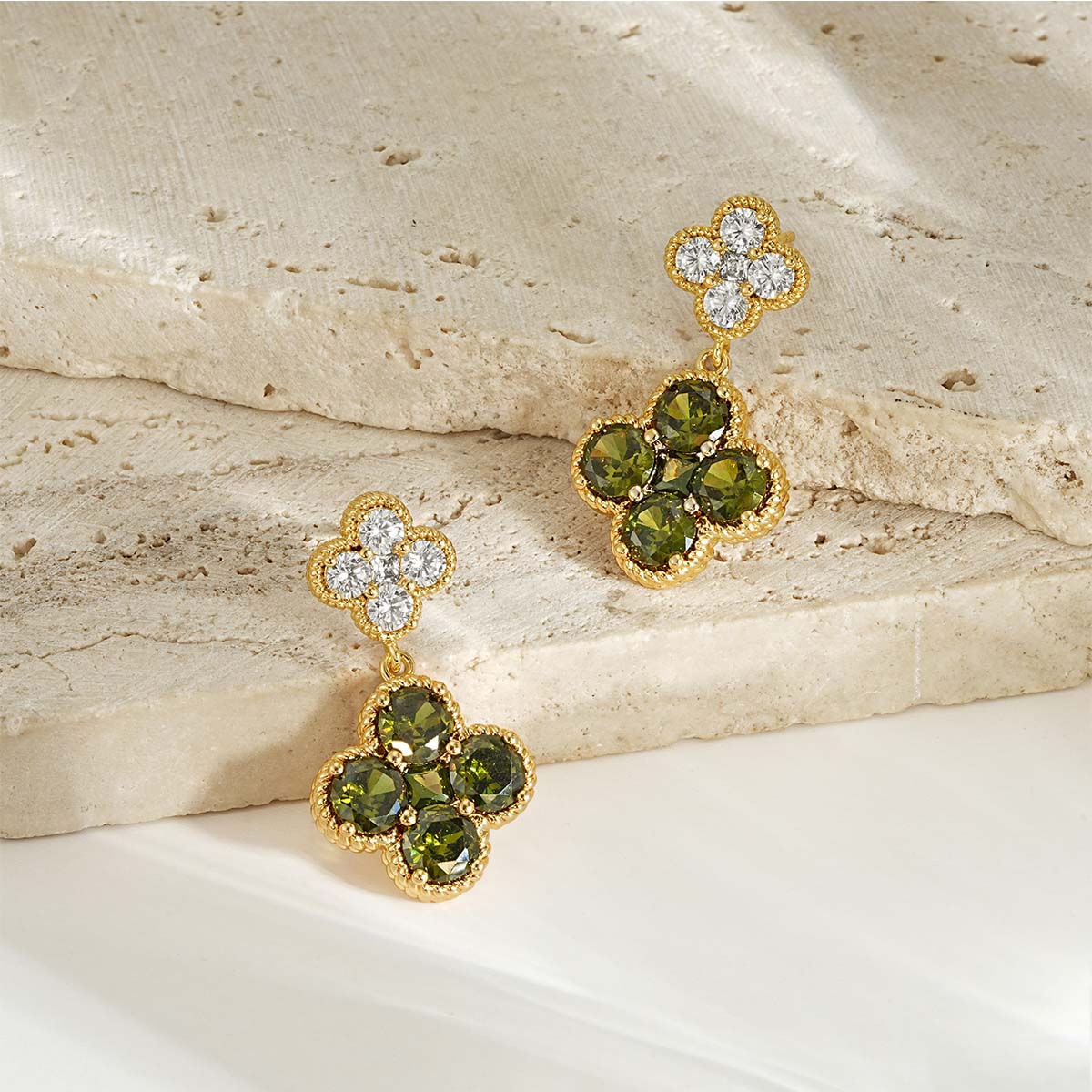 Gold Double Floral Birthstone Dangle Studs