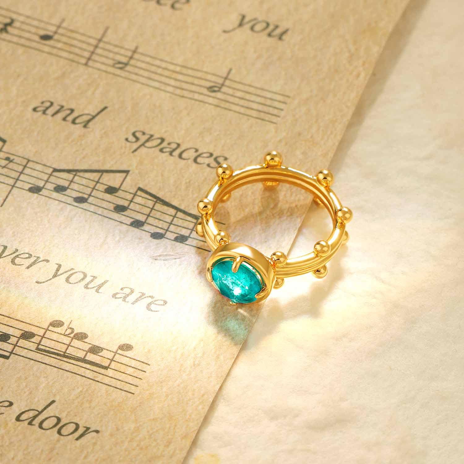 Circle Simulated Emerald/Paraiba Solitaire Cocktail Beaded Ring