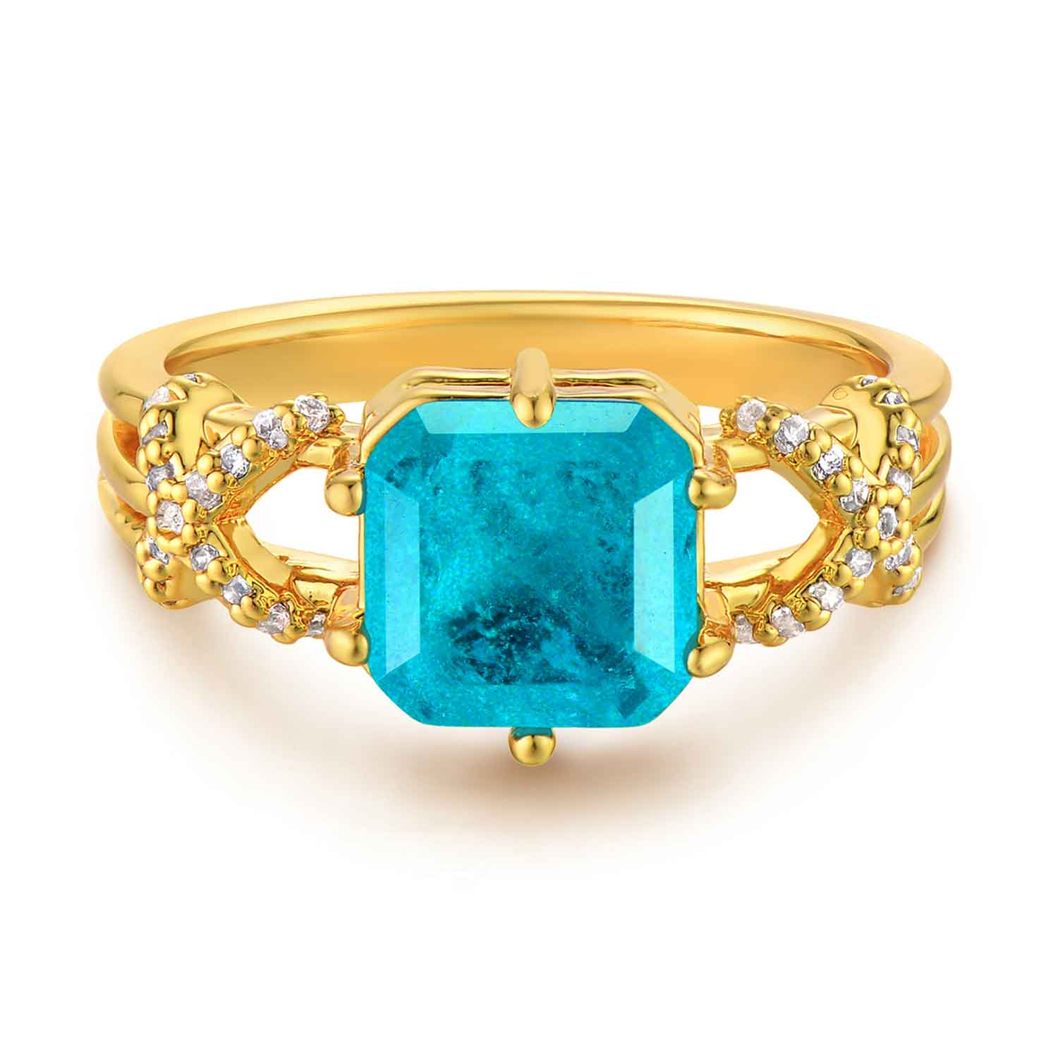 Square Simulated Emerald/Paraiba Wavy Pave Ring