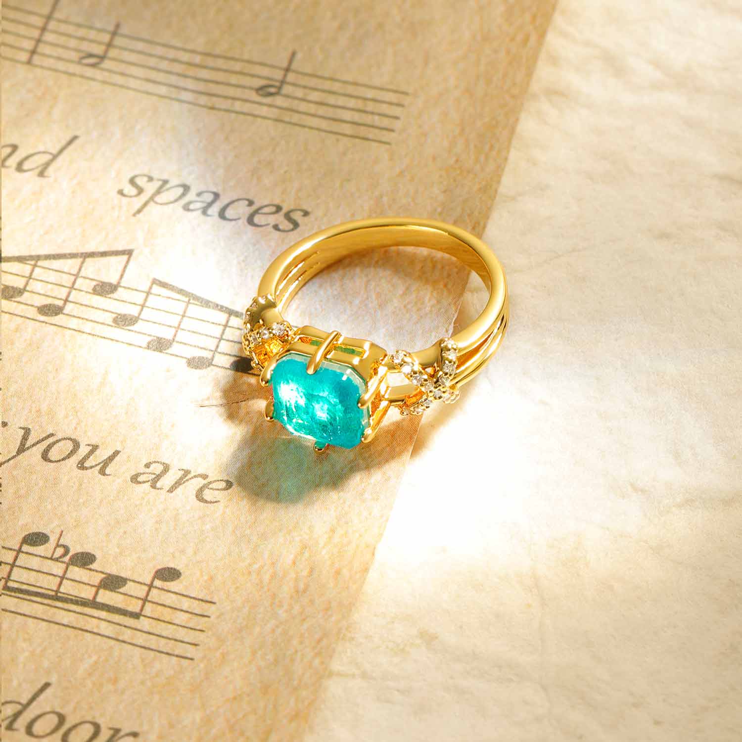 Square Simulated Emerald/Paraiba Wavy Pave Ring