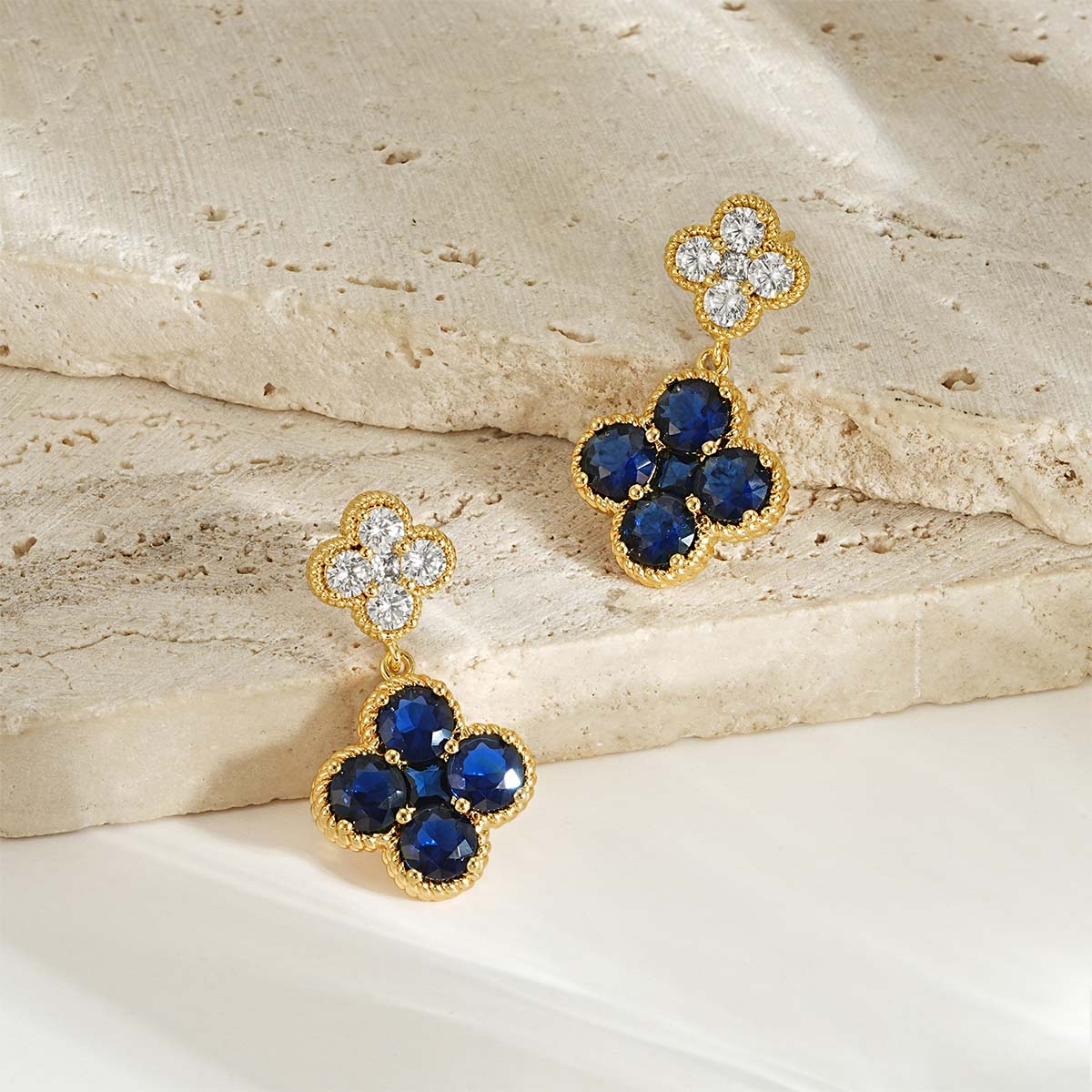 Gold Double Floral Birthstone Dangle Studs