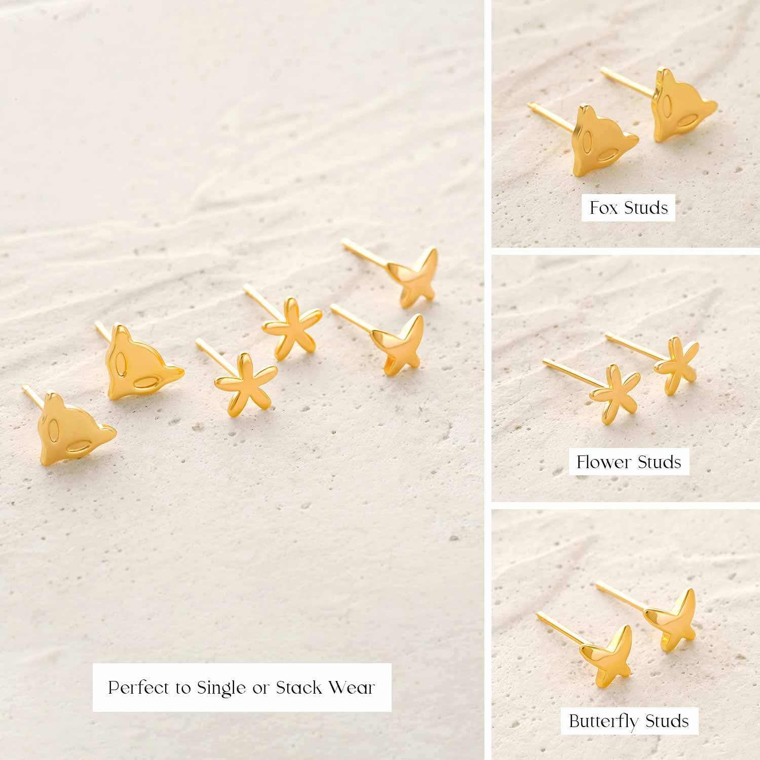 Butterfly & Flowers & Fox Stud Earrings Set