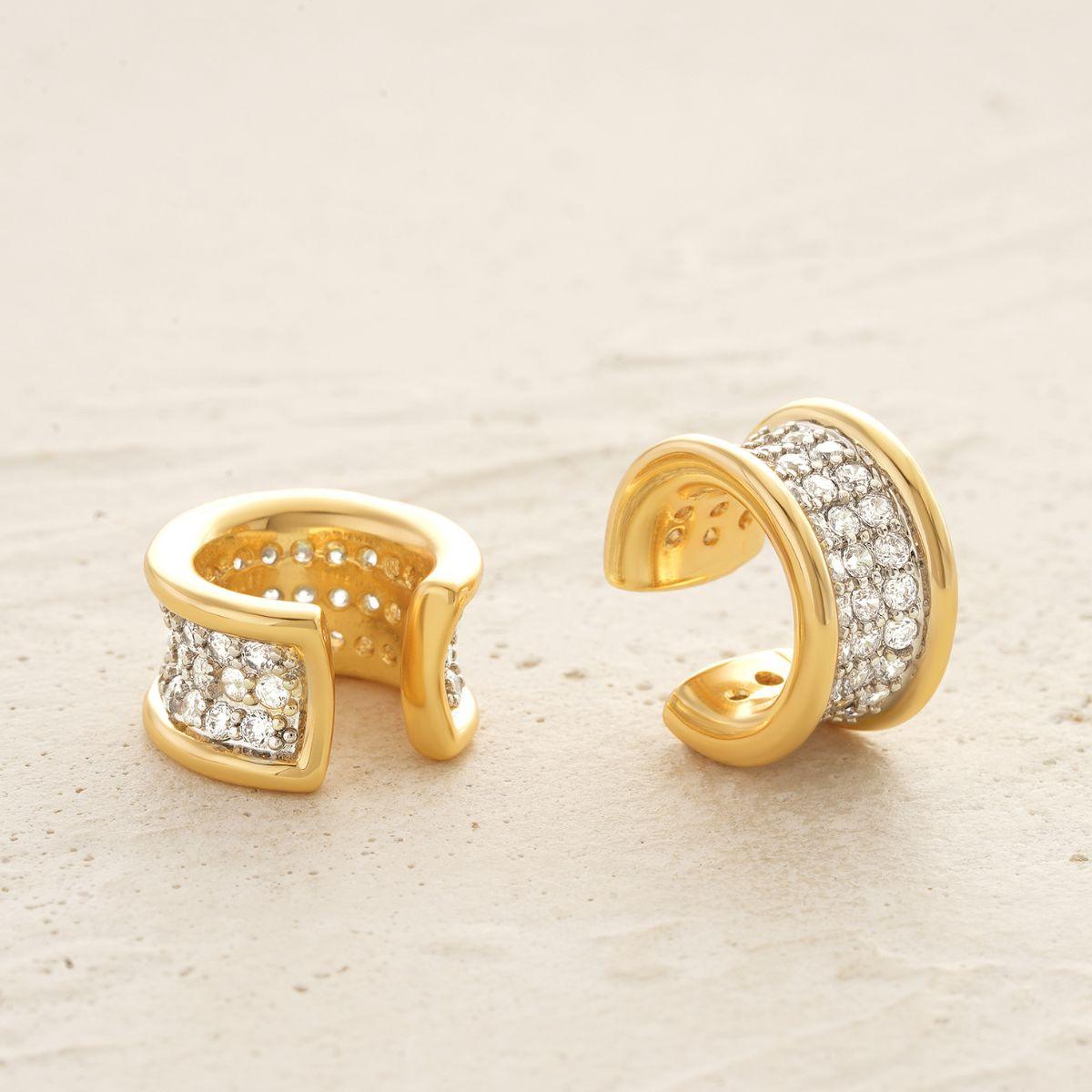 Close-up of MYEARS® Trough Pave Ear Cuffs on a woman, gold-tone design with pave detailing, perfect for stylish everyday wear