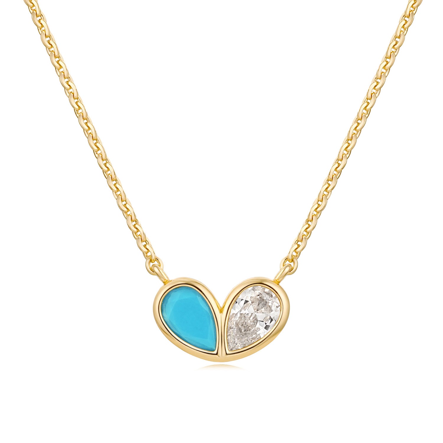 [STONE HENgE] 韓国☆14K☆L.O.V.E Duet Necklace 14K Gold Heart Two Stone Pendant Necklace for Women | MYEARS