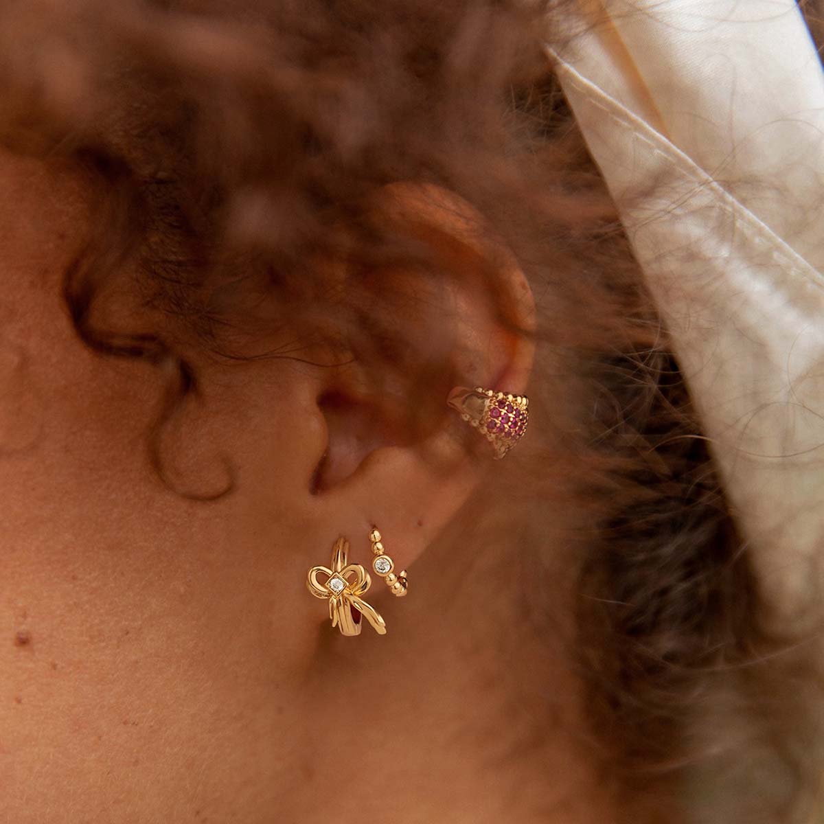 Single CZ Beaded Hoop Earrings