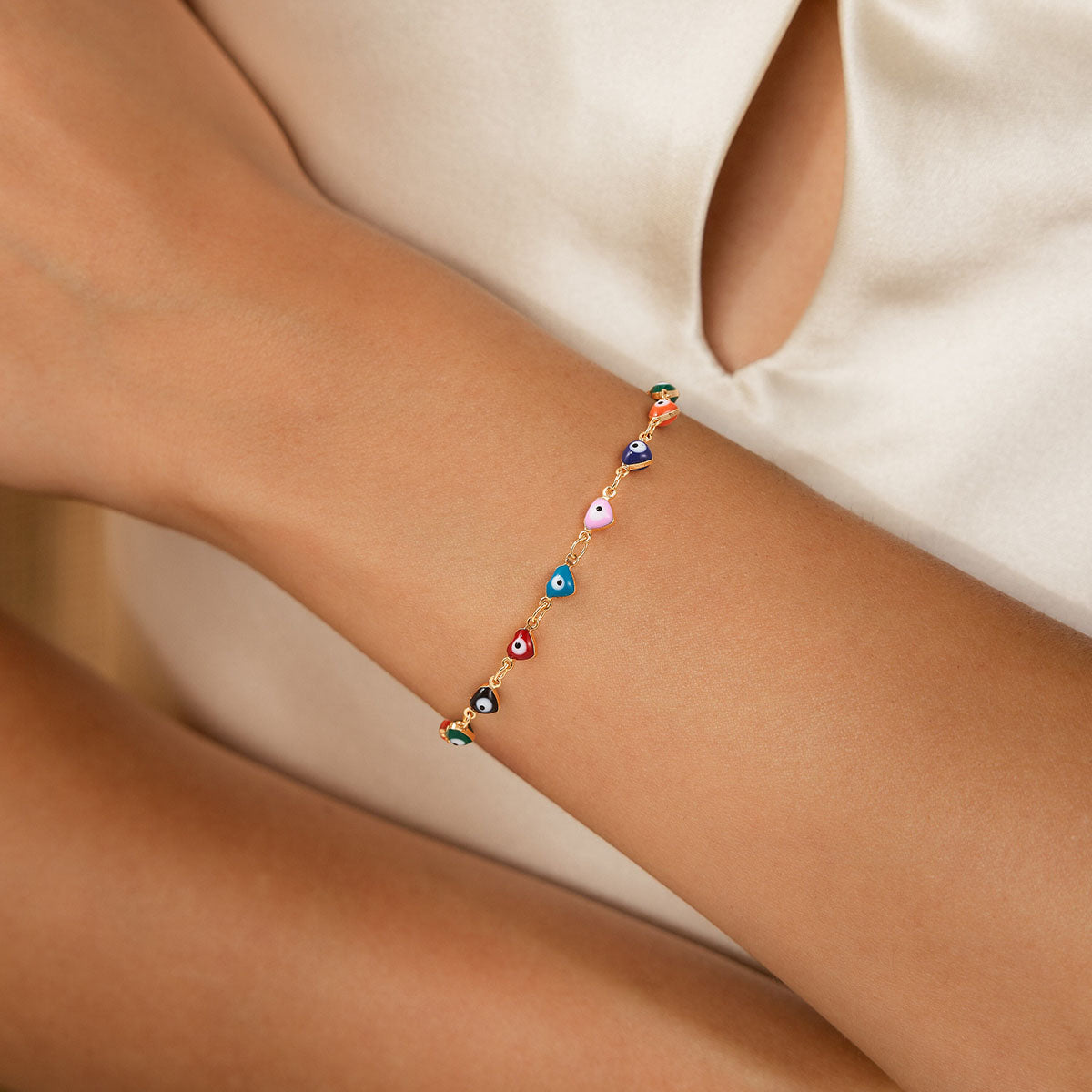 Evil Eye Bracelet with Heart-Shaped Beads for Women