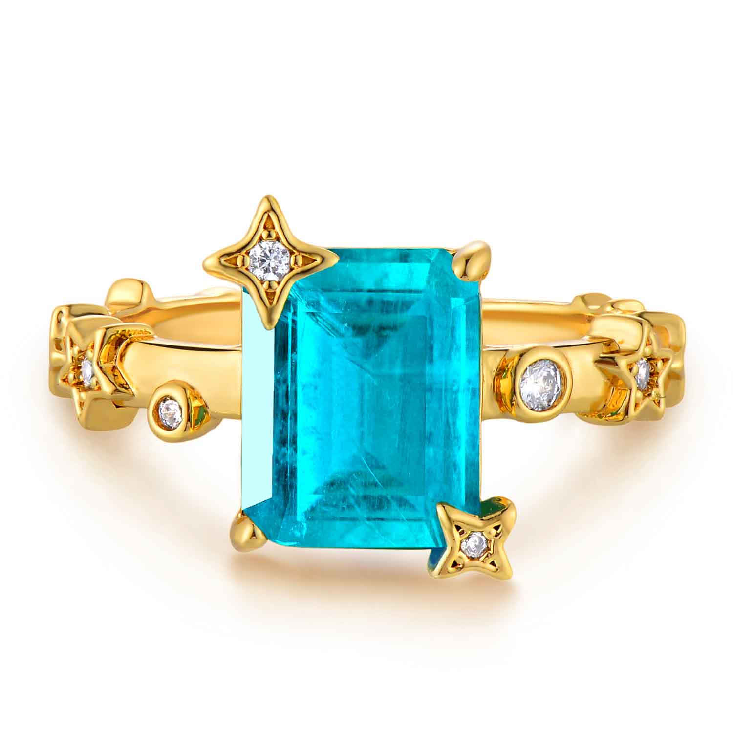 Emerald Cut Simulated Emerald/Paraiba Solitaire Cocktail Star Ring