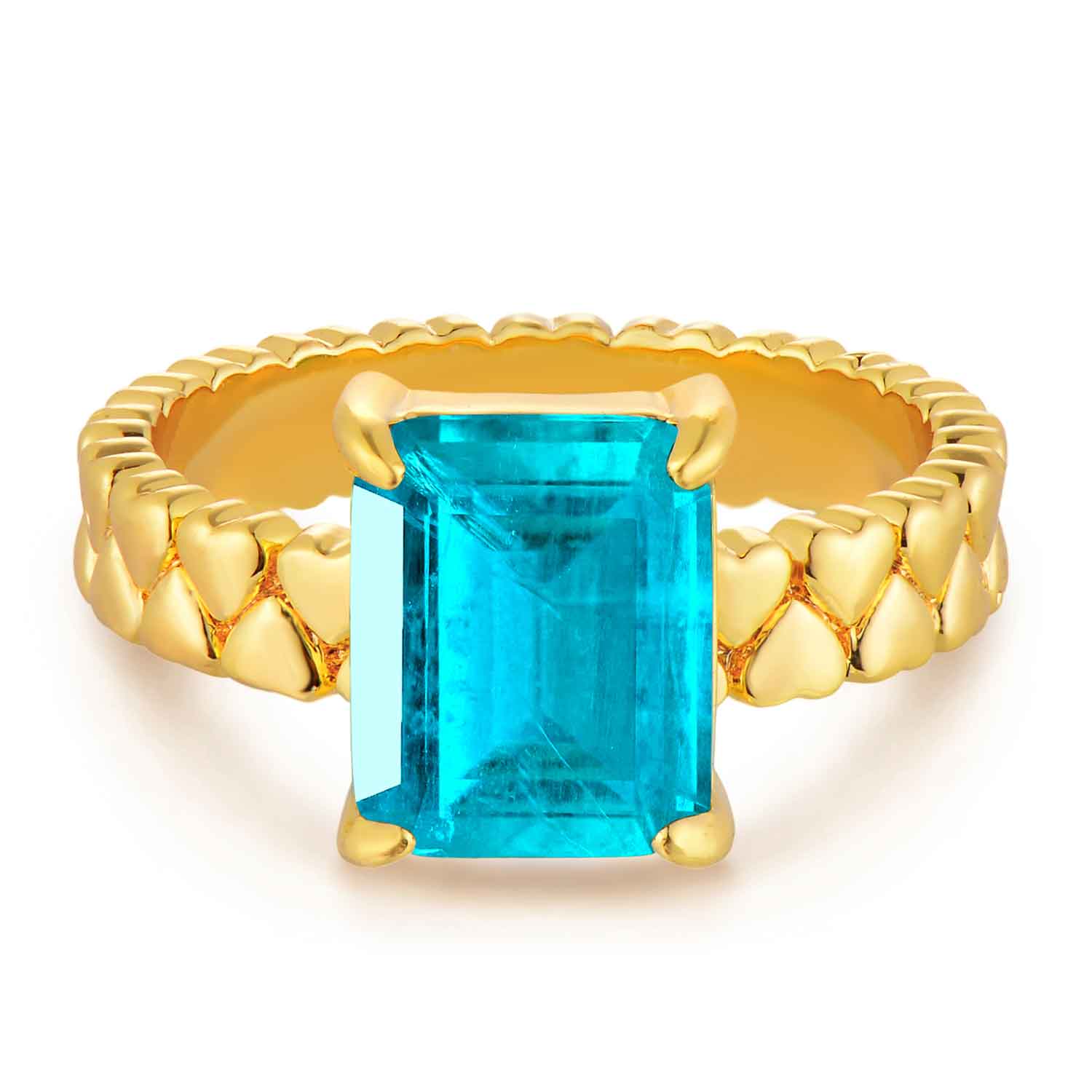 Emerald Cut Simulated Emerald/Paraiba Solitaire Cocktail Heart Band Ring