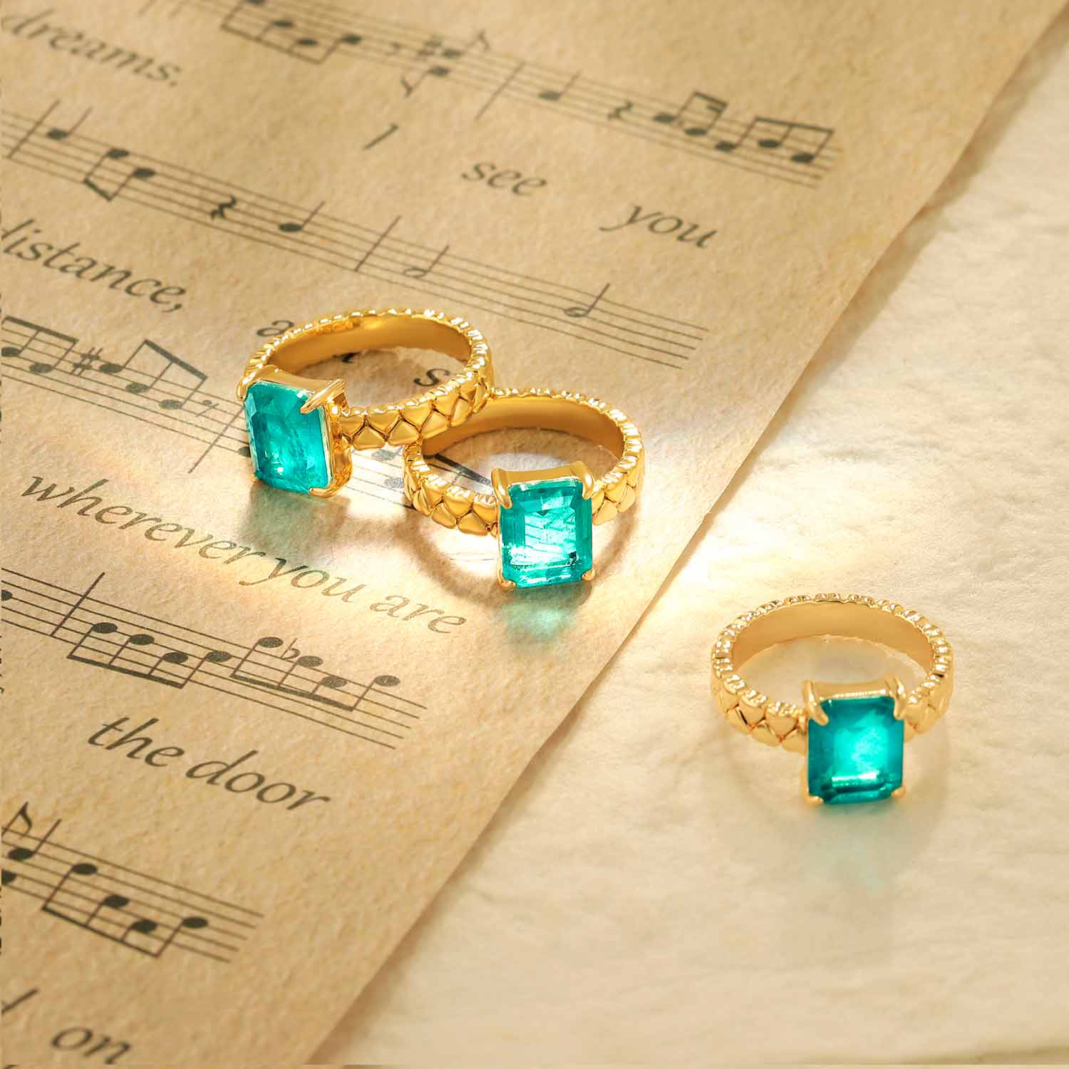 Emerald Cut Simulated Emerald/Paraiba Solitaire Cocktail Heart Band Ring