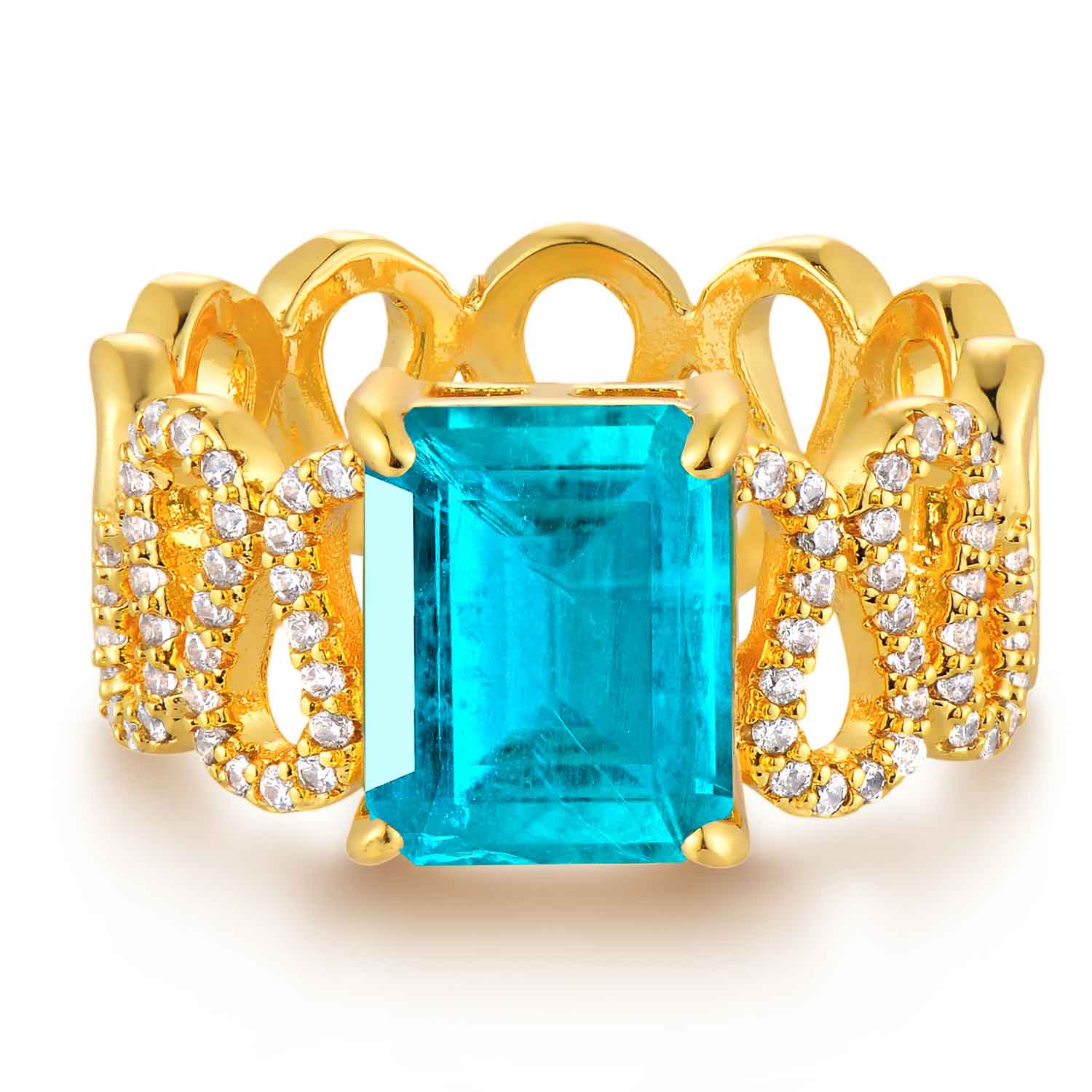 Emerald Cut Simulated Emerald/Paraiba Solitaire Cocktail Hollow 9MM Pave Ring