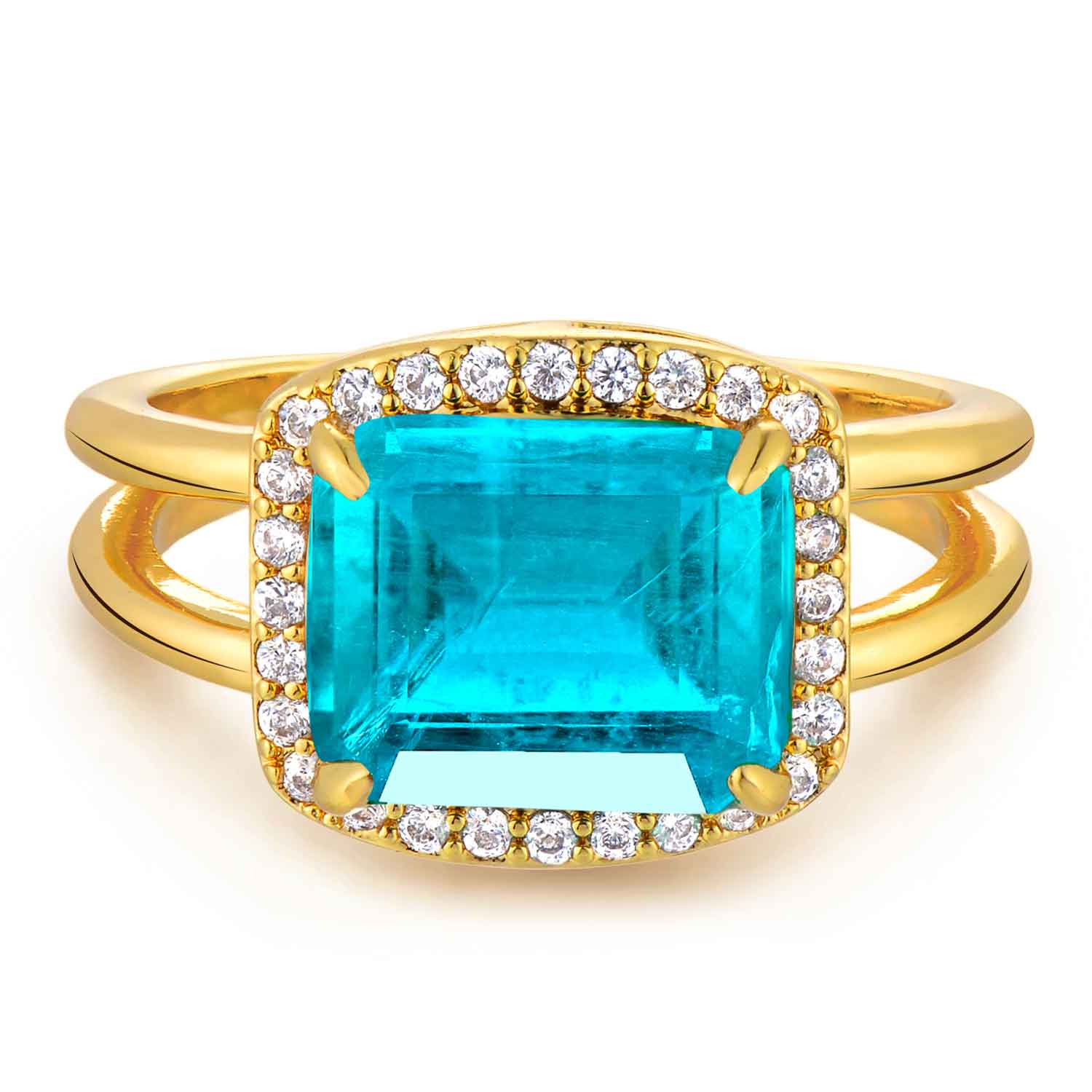 Emerald Cut Simulated Emerald/Paraiba Solitaire Cocktail Diamond Pave Ring