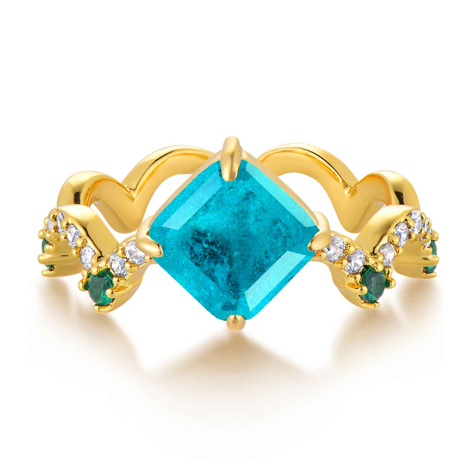 Square Simulated Emerald/Paraiba Wavy Pave Ring