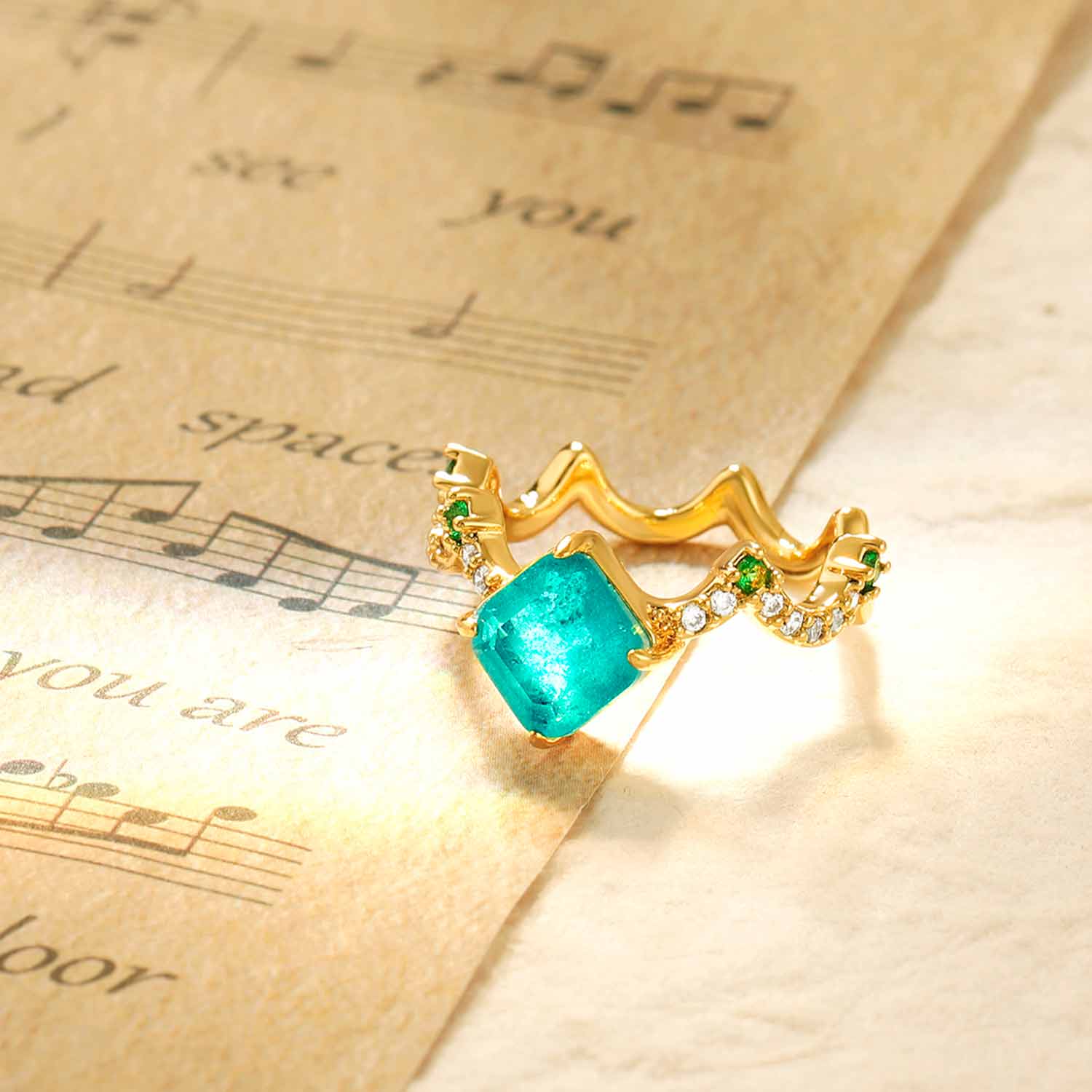 Square Simulated Emerald/Paraiba Wavy Pave Ring