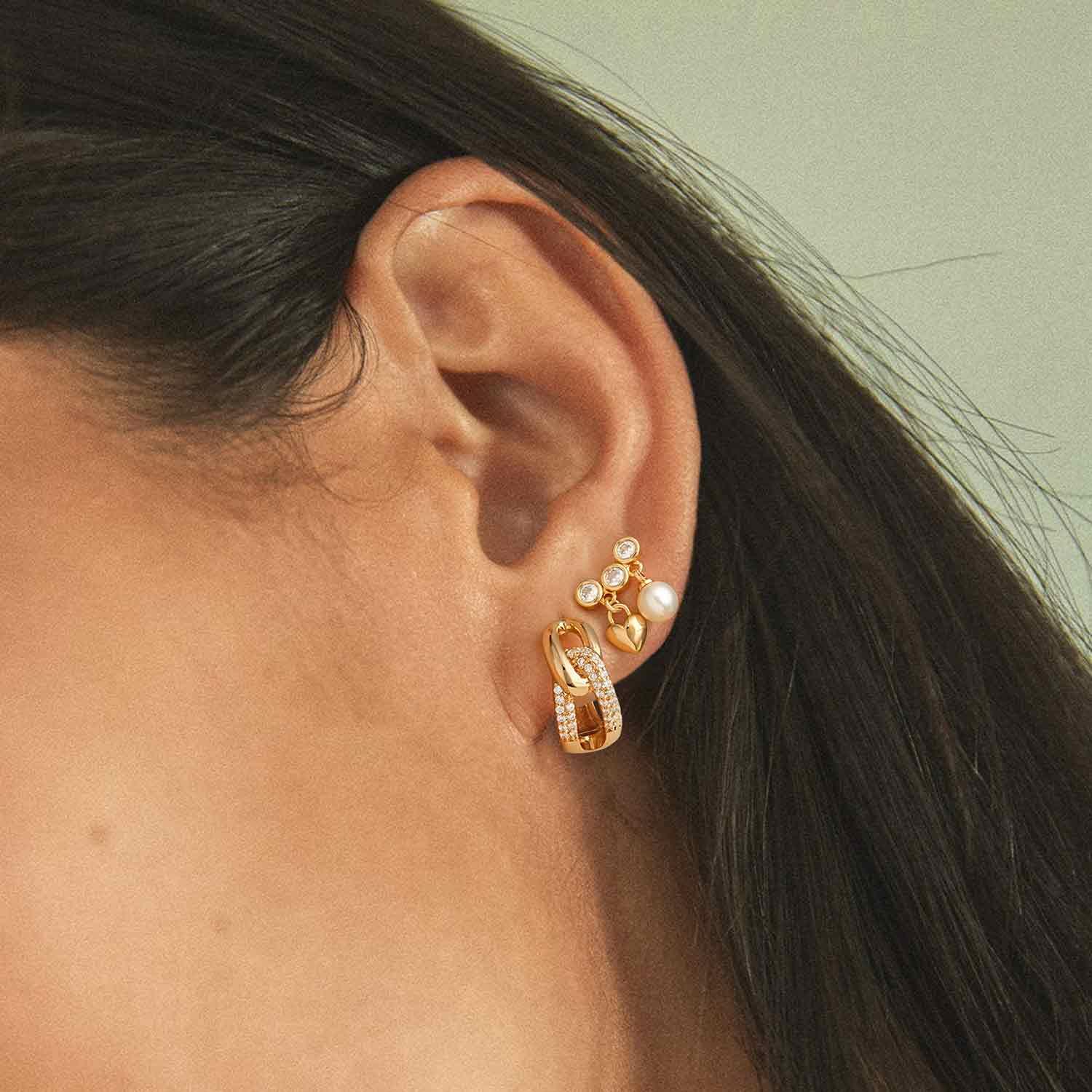Gold Heart Pearl Stud Earrings