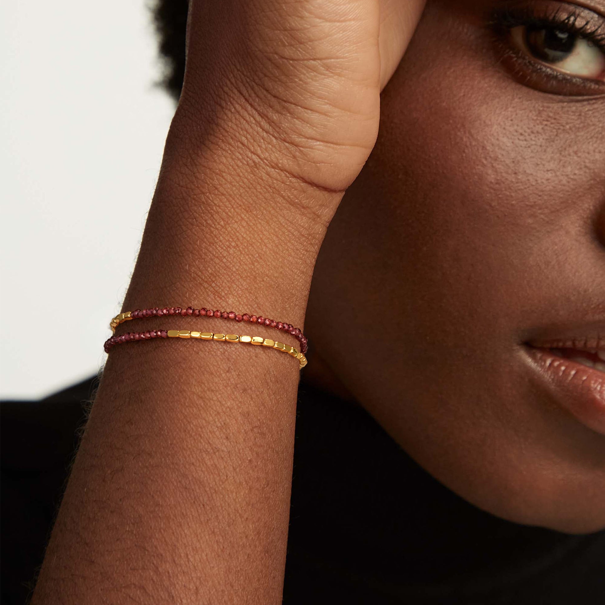 Model wearing the Myears® Amethyst Square Chain Double-Layer Bracelet in a daily outfit look