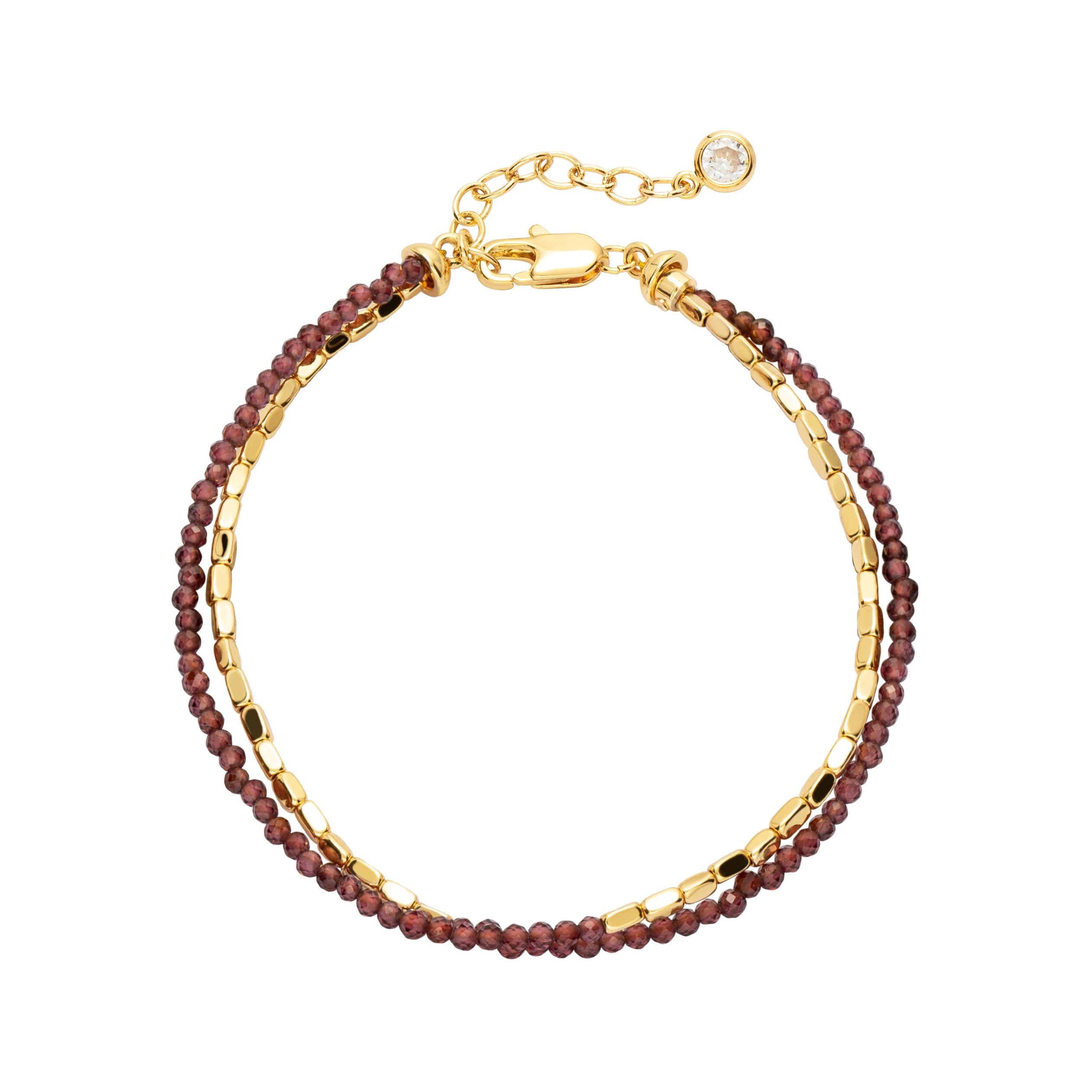 Myears® Amethyst Square Chain Double-Layer Bracelet on a white background, 14k gold-plated chain, close-up product shot